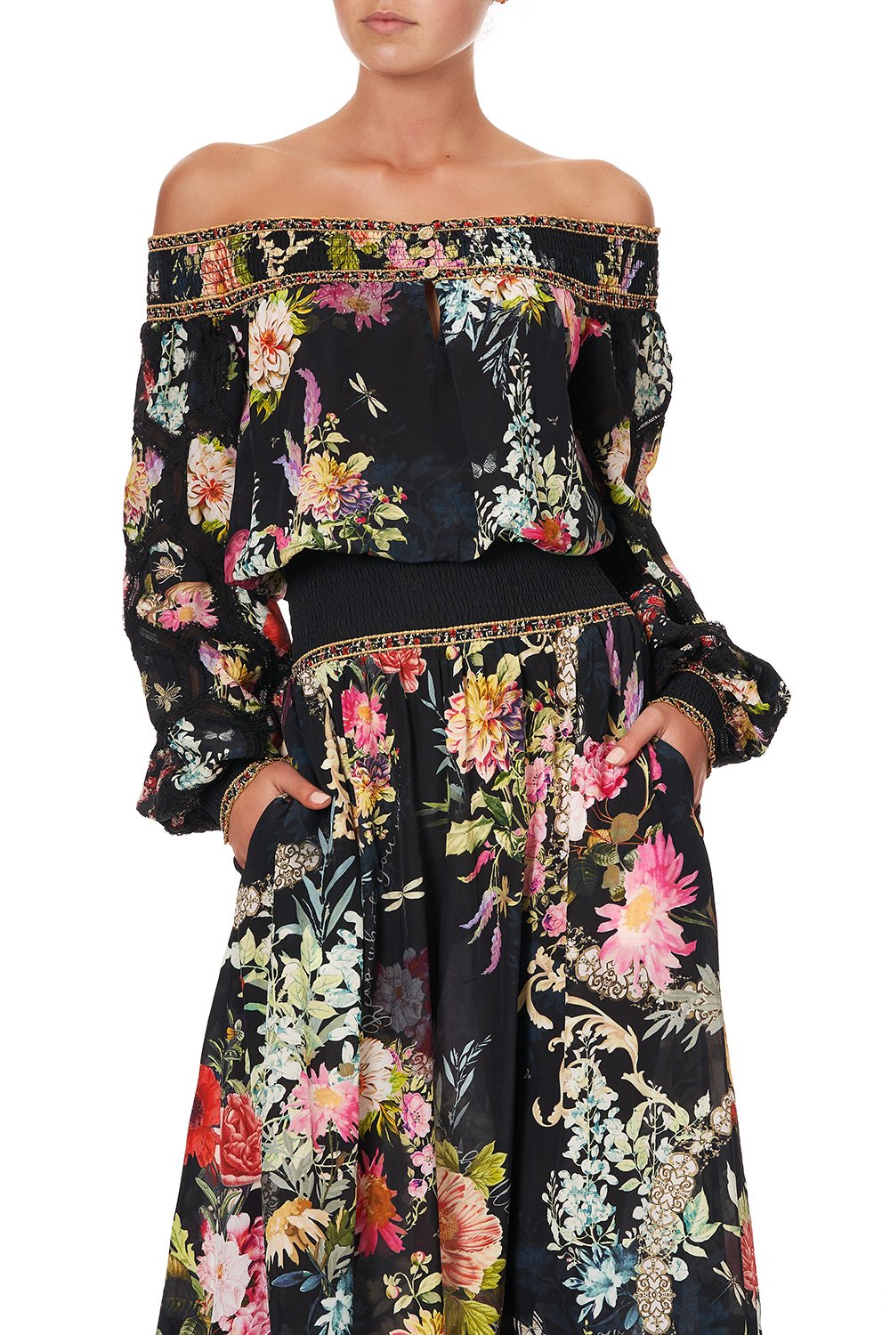 OFF SHOULDER SHIRRED DRESS HAMPTON HIVE