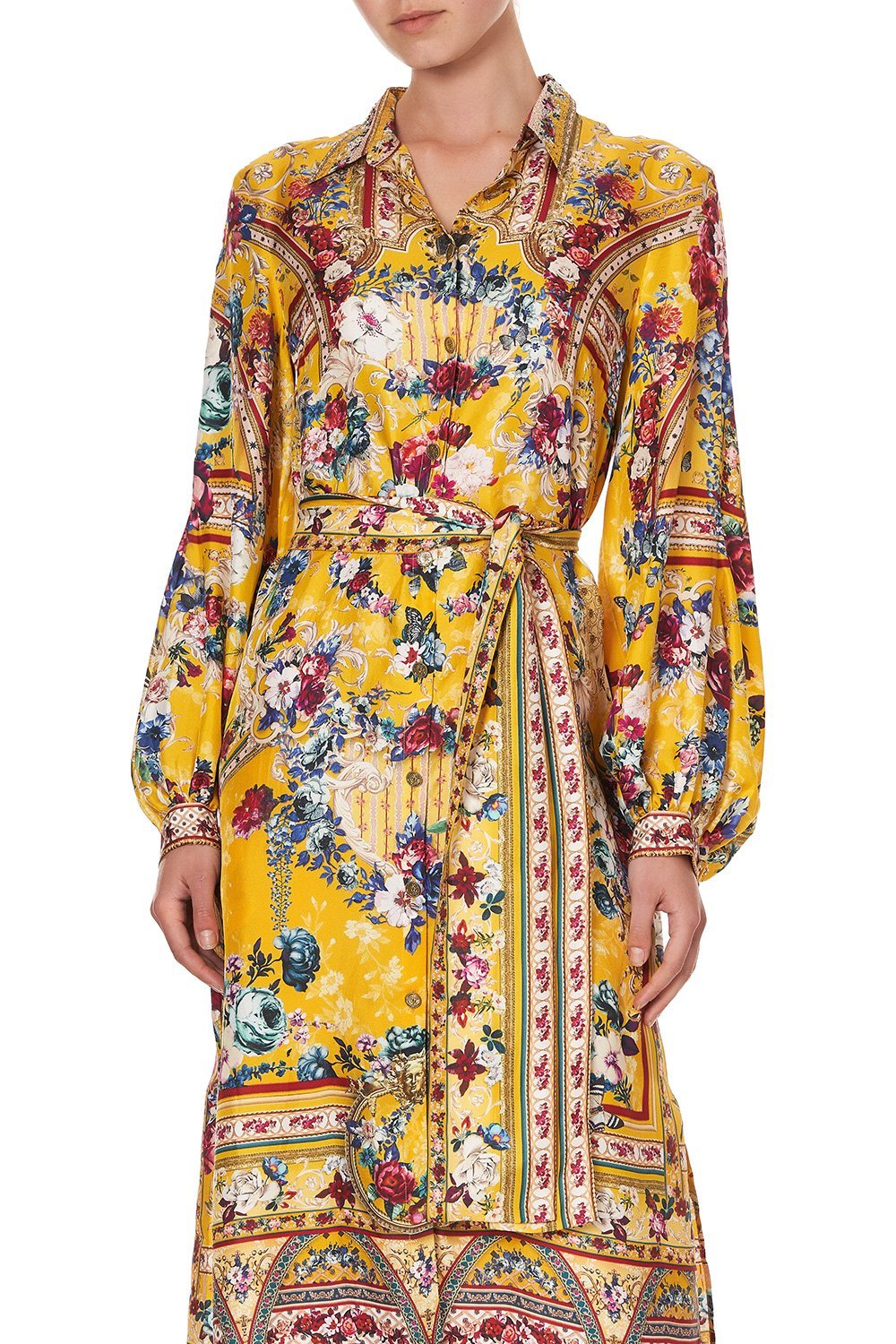 HIGH LOW MIDI SHIRT DRESS CROWNED ROSES