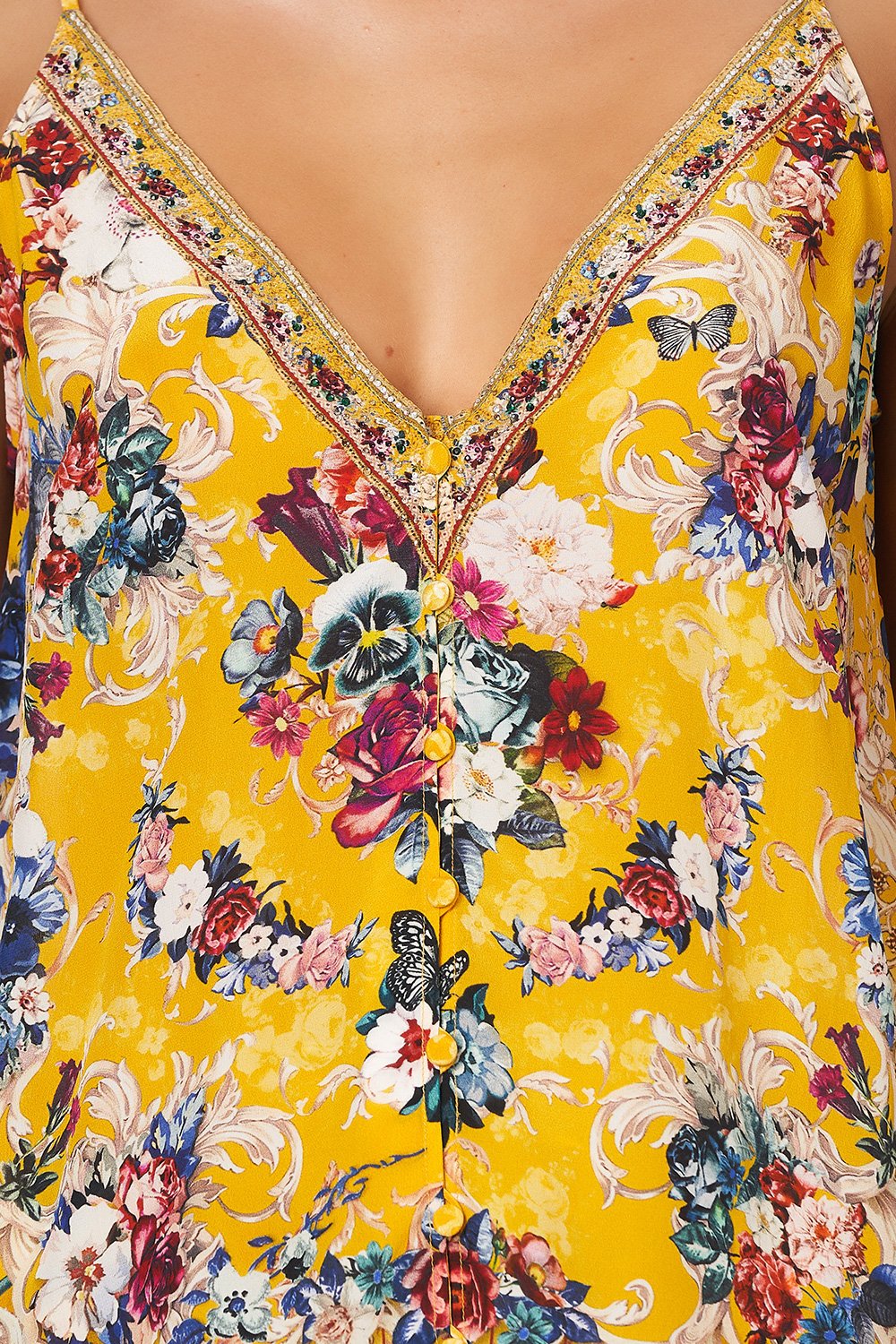 BUTTON FRONT V NECK CAMI CROWNED ROSES