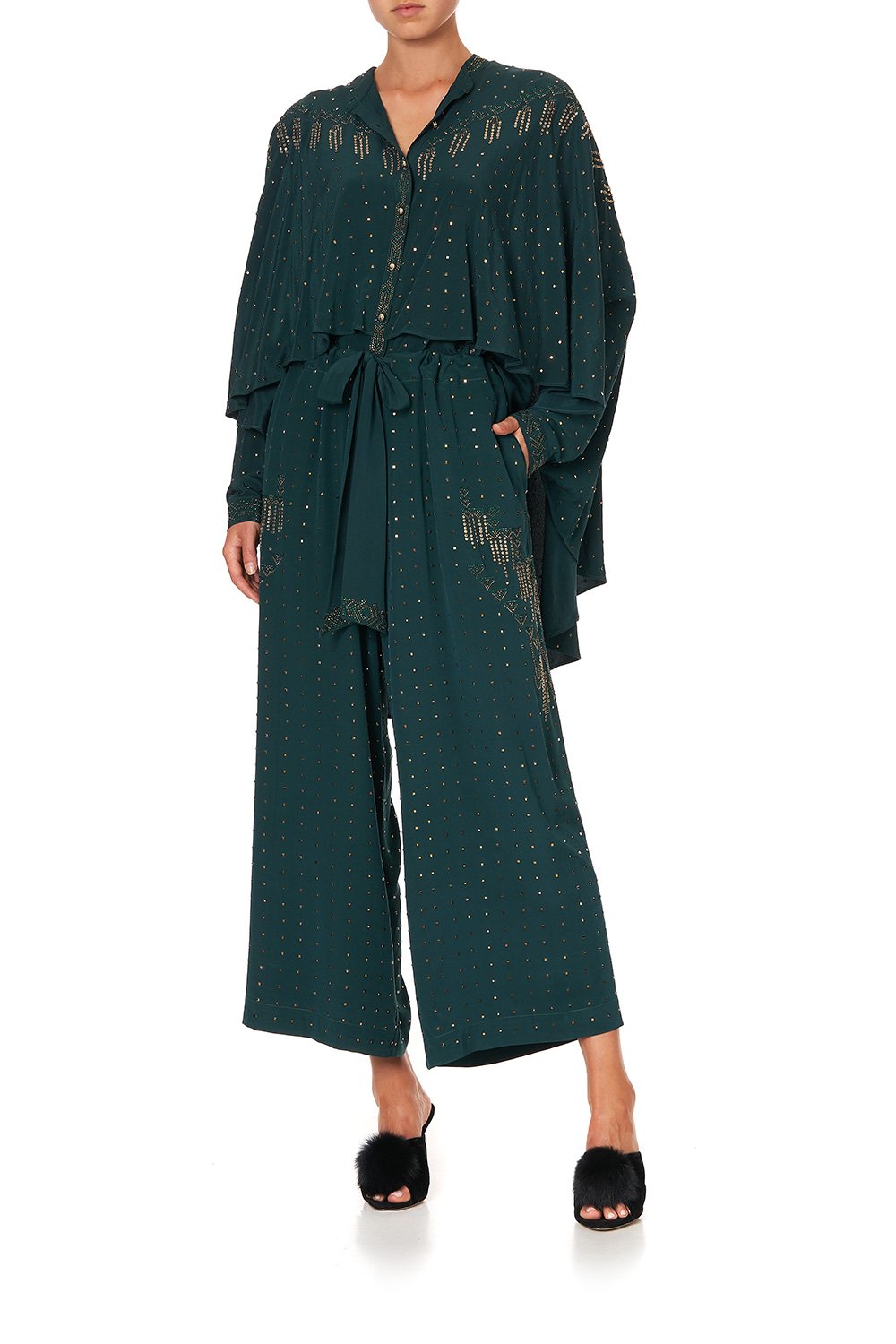 DRAPED BUTTON FRONT BLOUSE LUXE EMERALD