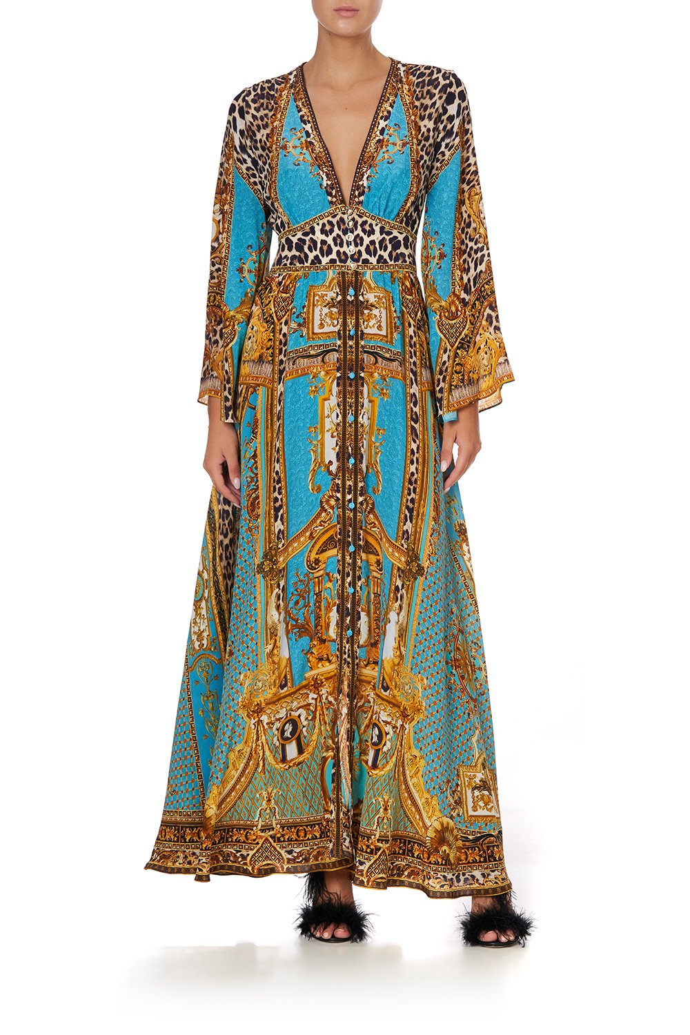 KIMONO SLEEVE DRESS WITH SHIRRING DETAIL DRIPPING IN DECADENCE