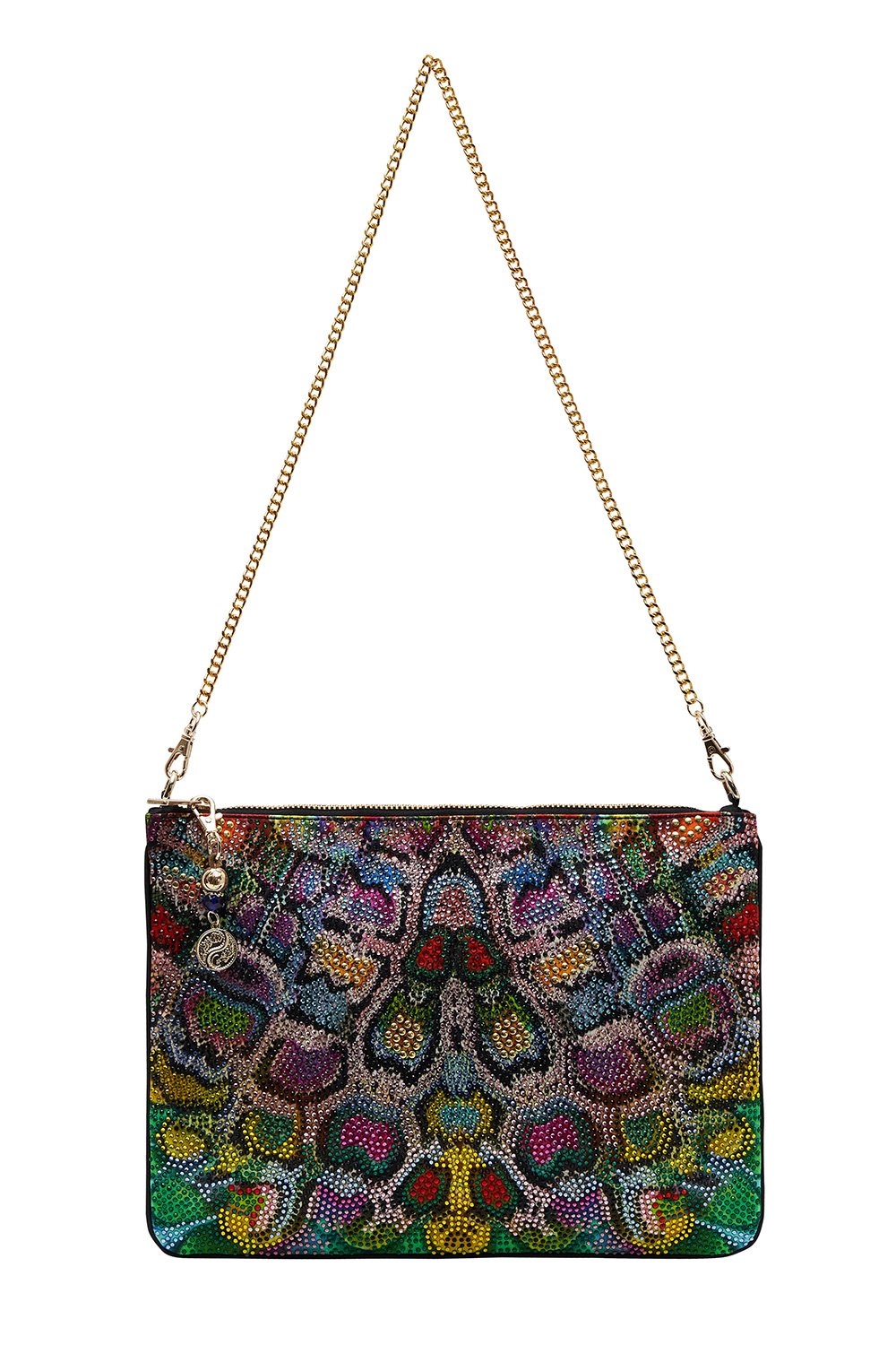 EMBELLISHED ZIP TOP CLUTCH WITH STRAP COMING DOWN FROM COSMOS