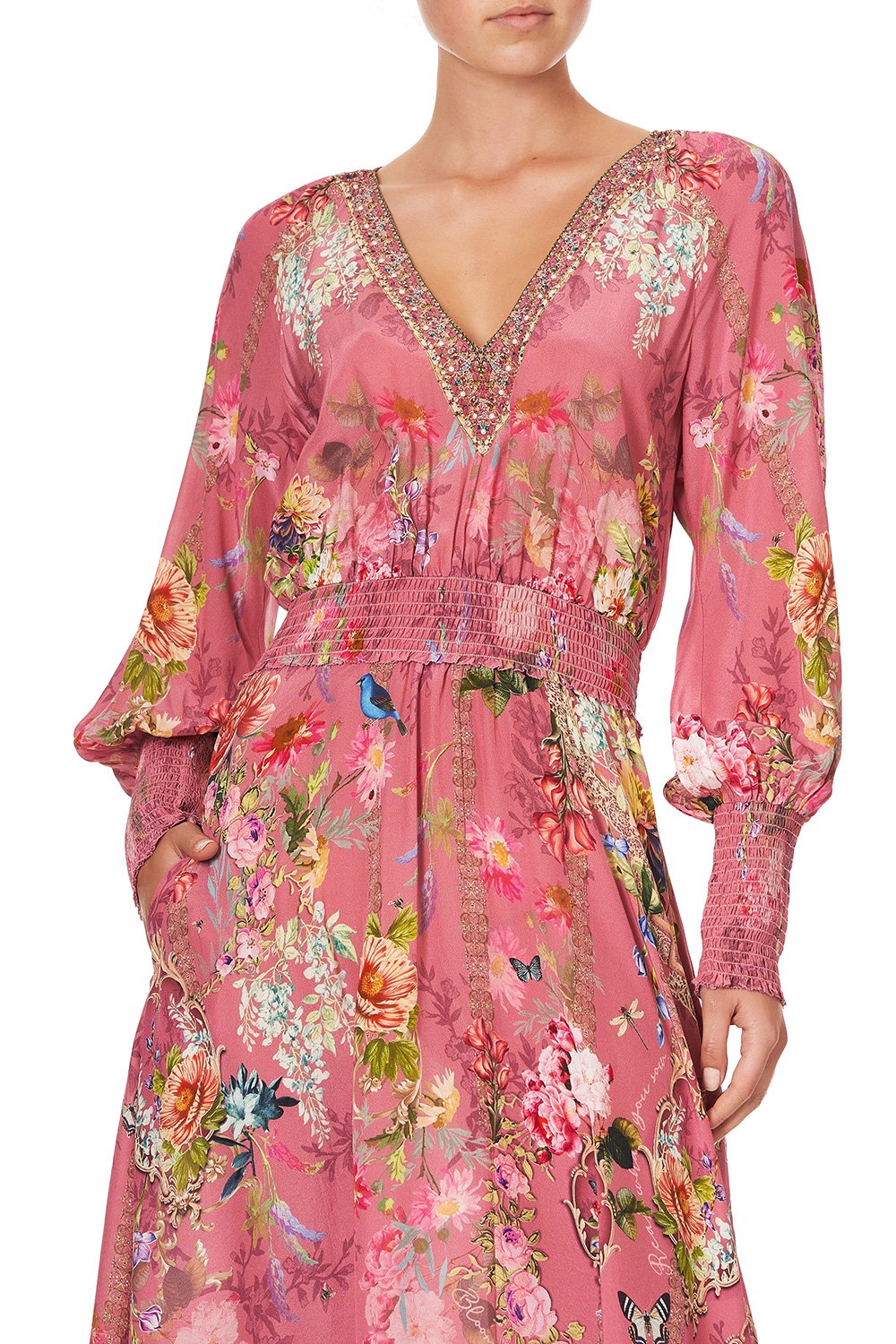 DRESS WITH SHIRRED WAIST AND CUFF PATCHWORK HEART