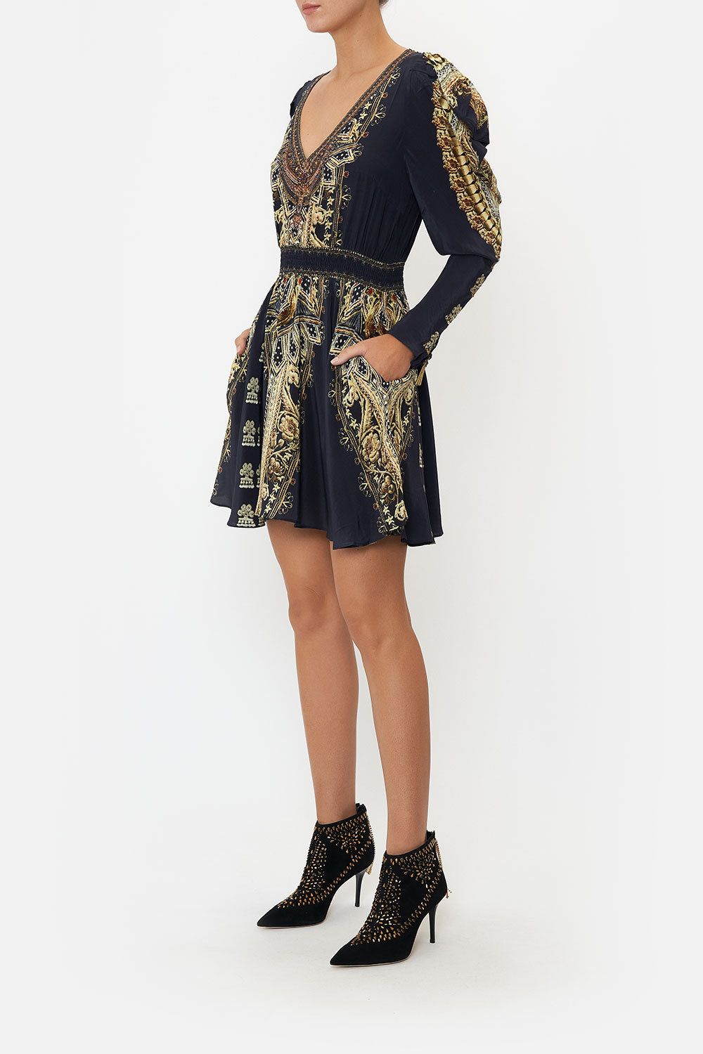 DRAPED SLEEVE SHIRRED DRESS ITS ALL OVER TORERO