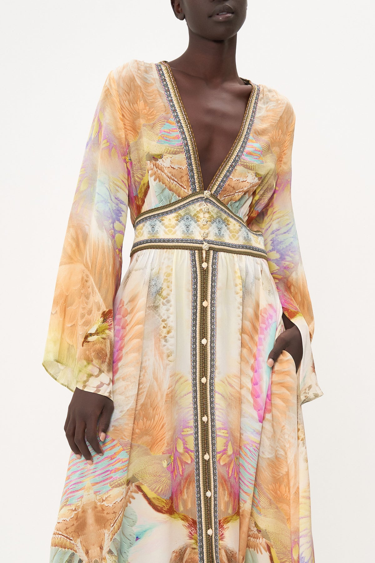 KIMONO SLEEVE DRESS WITH SHIRRING DETAIL TAKE FLIGHT