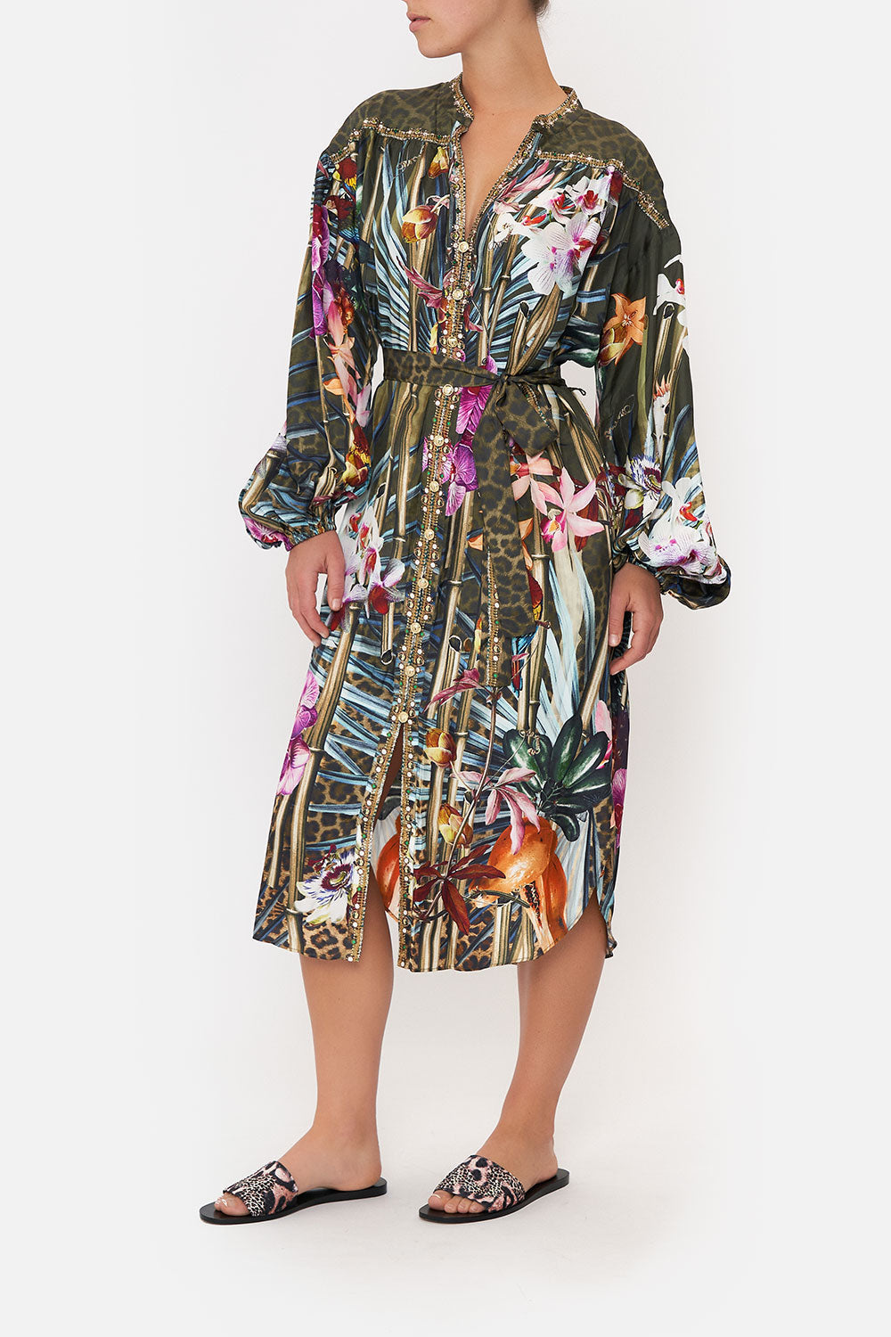BLOUSON SLEEVE MIDI DRESS PASSPORT TO PARADISE