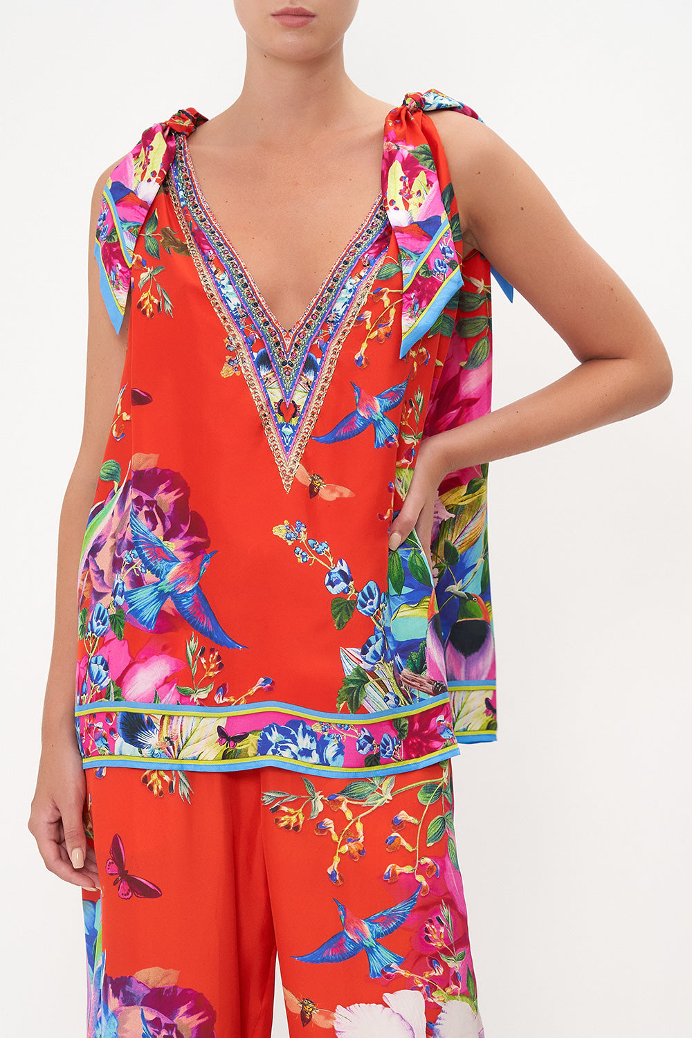 SCARF TIE TOP BIRDS OF A FEATHER