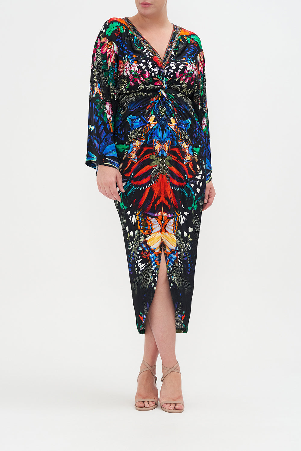 Front view of curvy model wearing CAMILLA plus size dress in Flutter By print