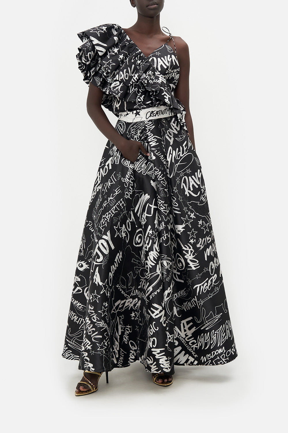 RUFFLE SHOULDER BODYSUIT SPIRIT SCRIBBLE