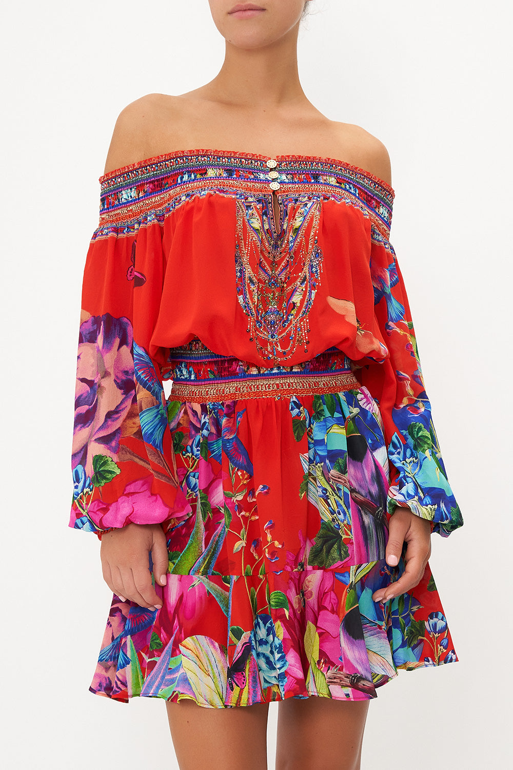 OFF SHOULDER SHORT DRESS BIRDS OF A FEATHER