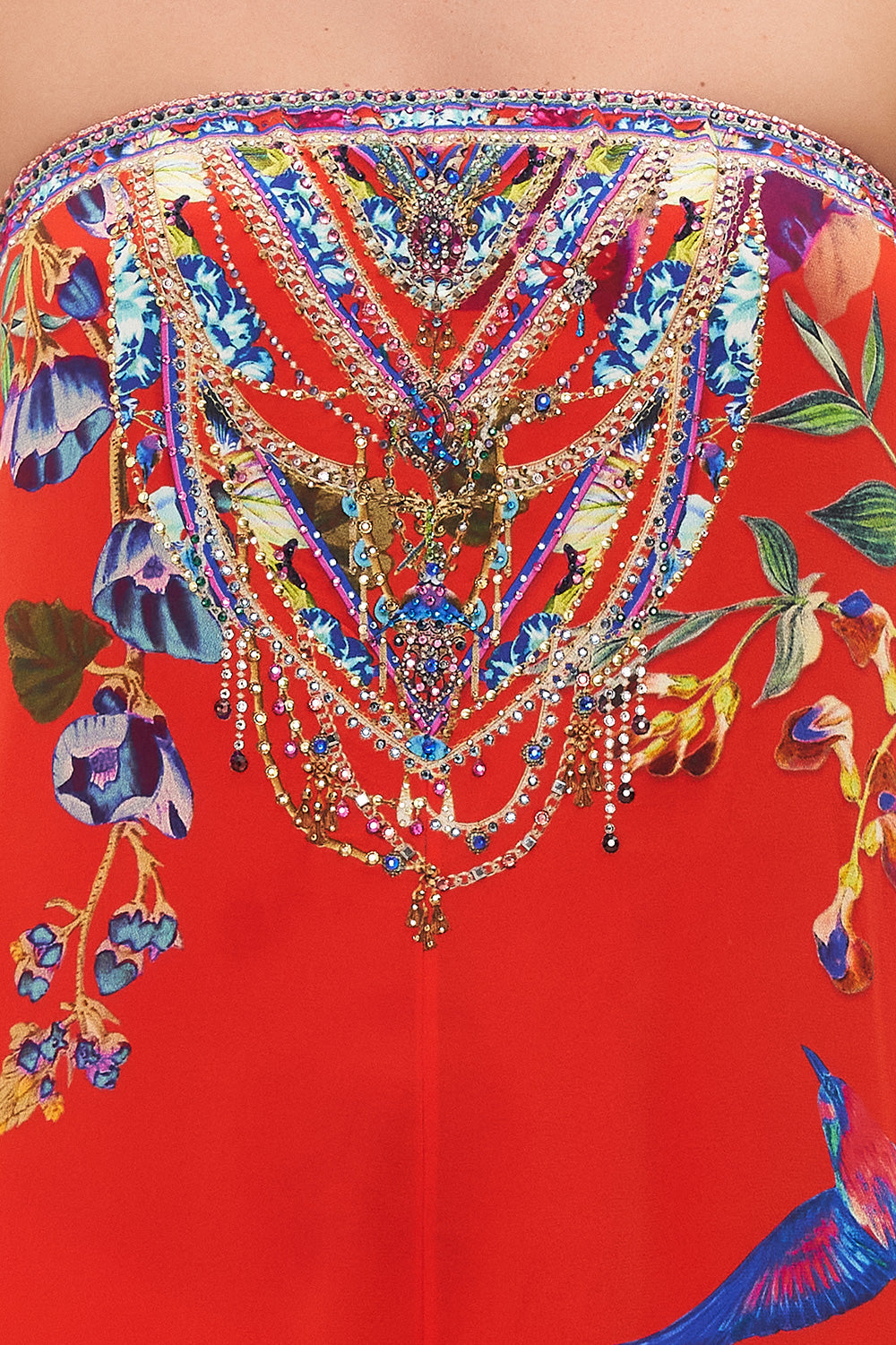 TIE WAIST STRAPLESS JUMPSUIT BIRDS OF A FEATHER