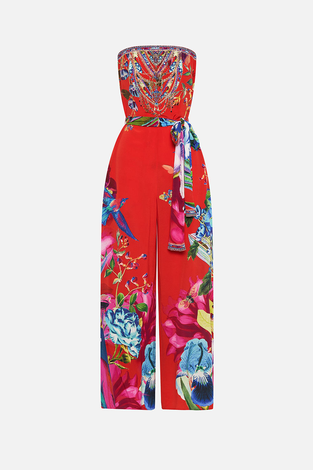 TIE WAIST STRAPLESS JUMPSUIT BIRDS OF A FEATHER