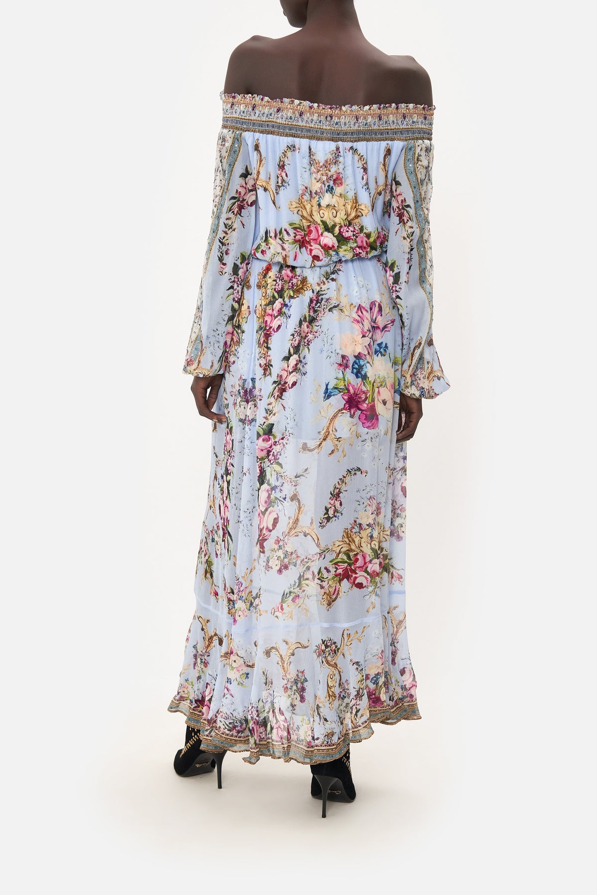 OFF SHOULDER SHIRRED DRESS FLORAFUL