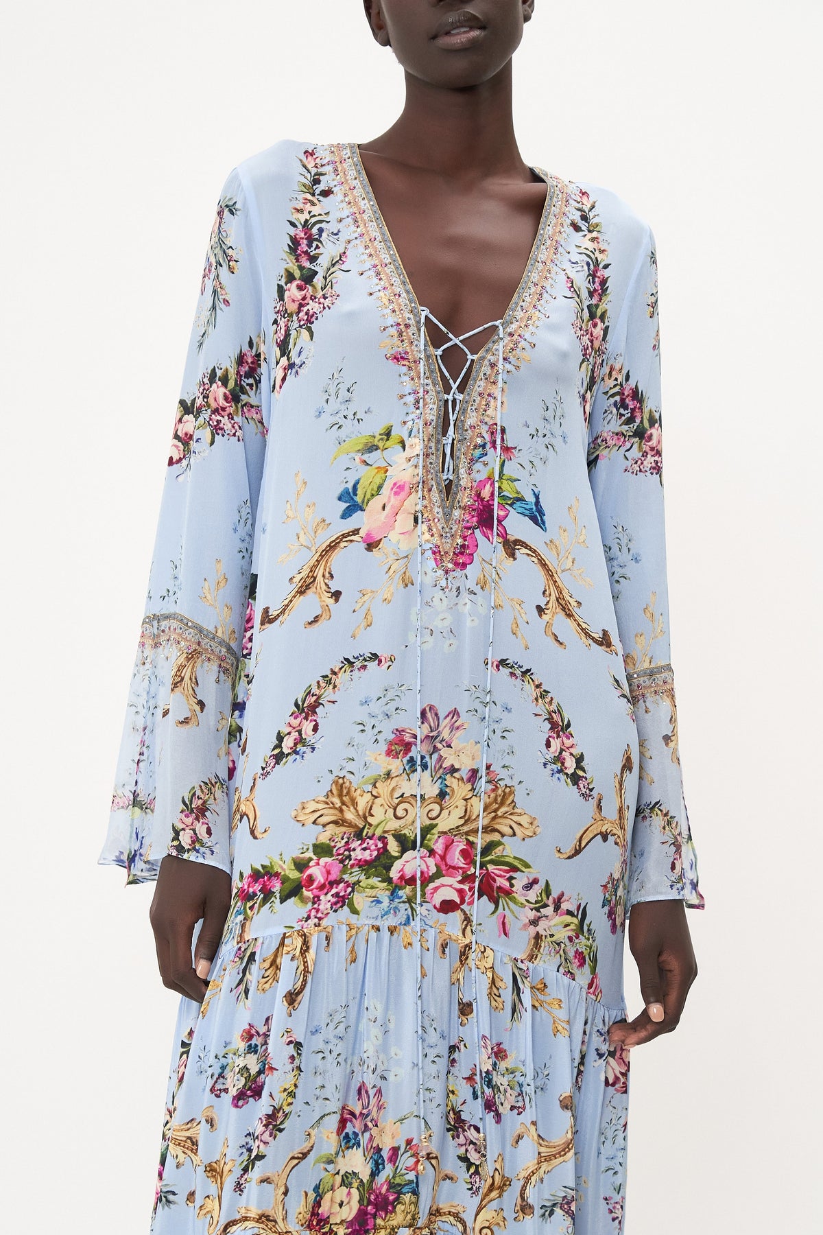 LACE UP DRESS WITH TIERED HEM FLORAFUL