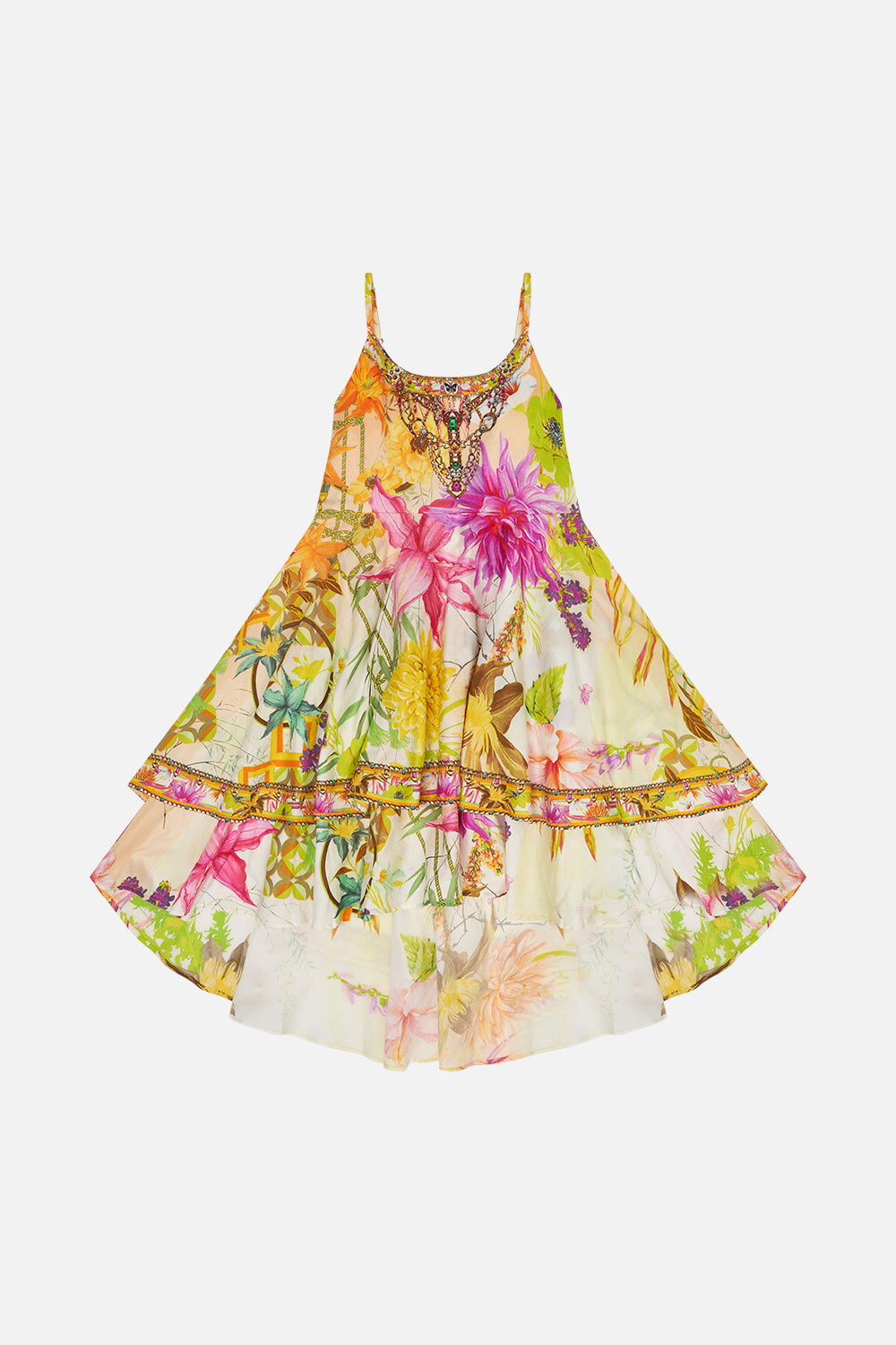 Kids Round Neck Tiered Dress 12-14 How Does Your Garden Grow print by CAMILLA