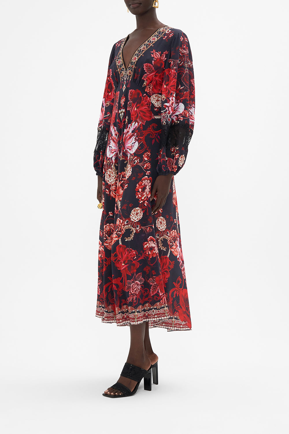 BLOUSON SLEEVE V NECK DRESS WITH LACE SISTERHOOD OF THE ROSE