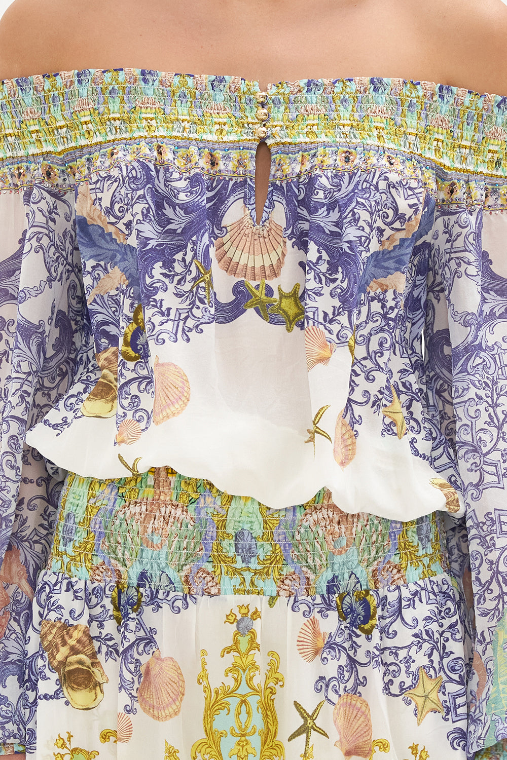 OFF SHOULDER SHIRRED DRESS STAR OF THE SEA