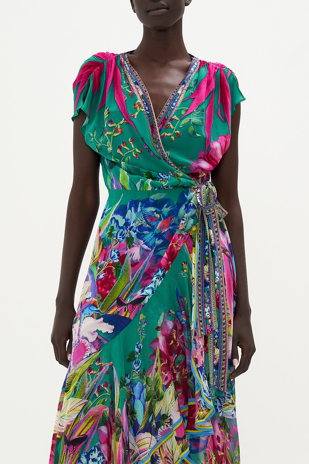 HIGH LOW RUFFLE WRAP DRESS RUN FROM PARADISE