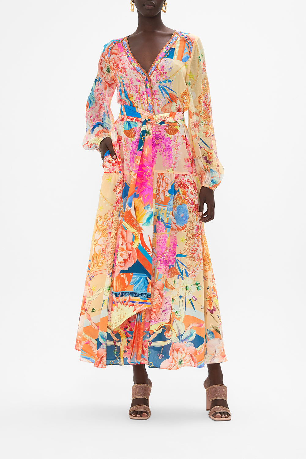 V Neck Dress With Belt Meet Me In The Garden print by CAMILLA