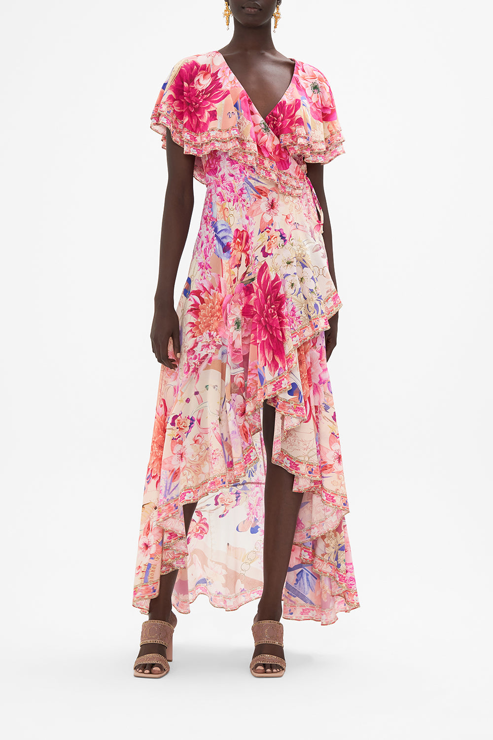 Frill Sleeve Long Dress Rose Bed Rendezvous print by CAMILLA