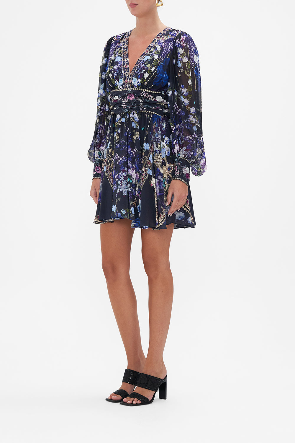 SHORT DRESS WITH BLOUSON SLEEVE OBSIDIAN BLOOM