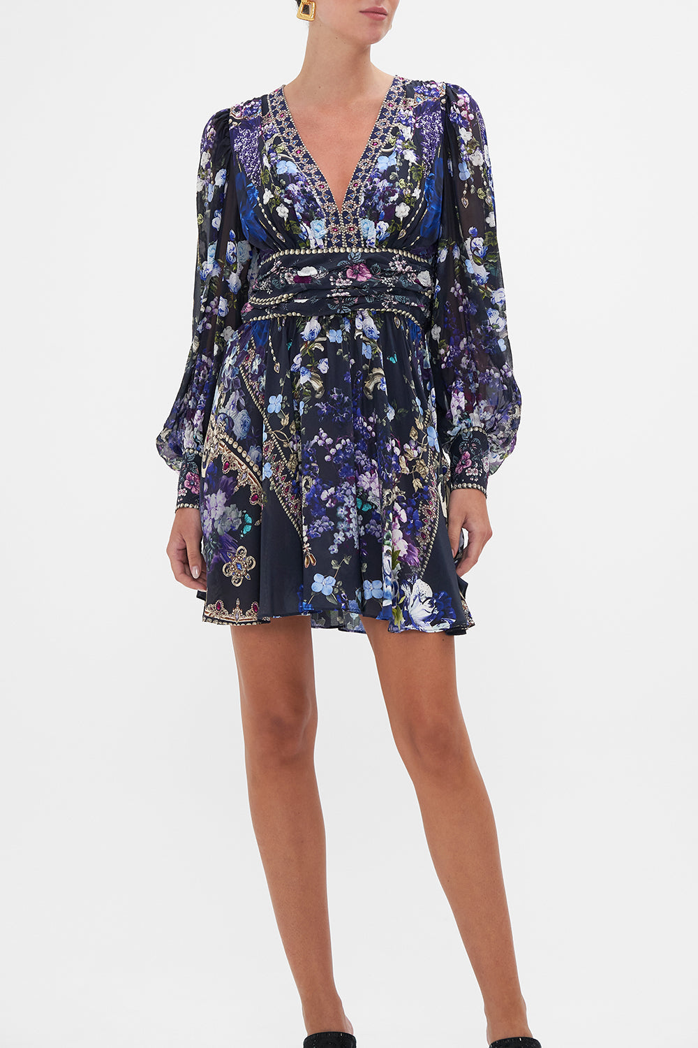 SHORT DRESS WITH BLOUSON SLEEVE OBSIDIAN BLOOM