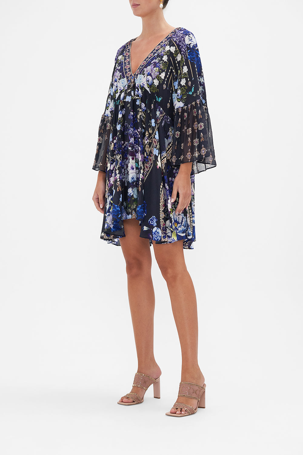 A-LINE RUFFLE SLEEVE DRESS OBSIDIAN BLOOM