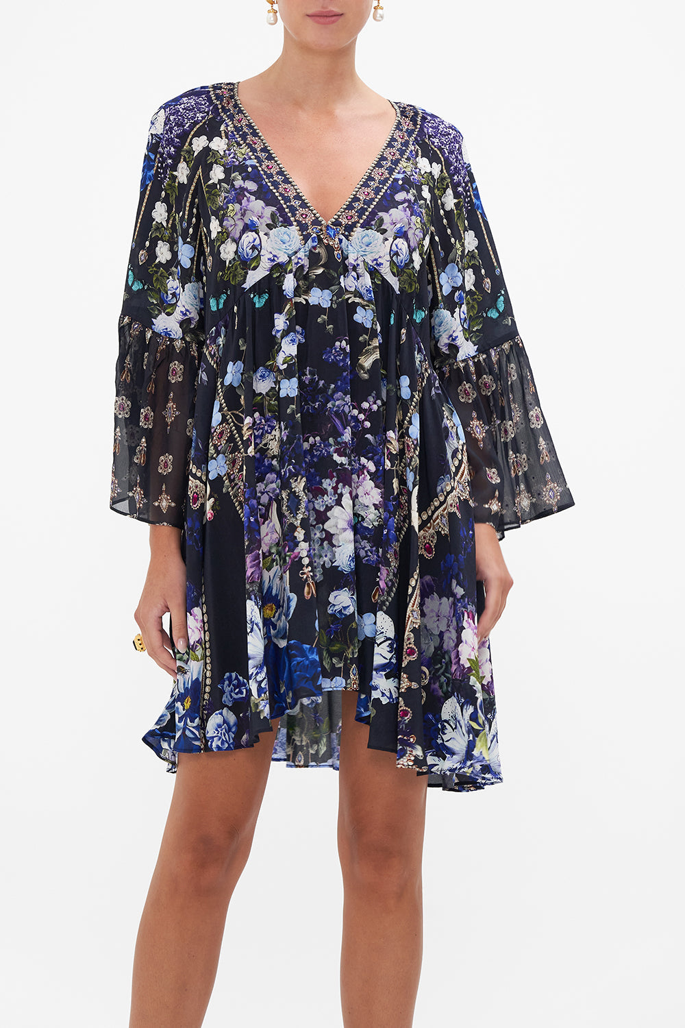 A-LINE RUFFLE SLEEVE DRESS OBSIDIAN BLOOM