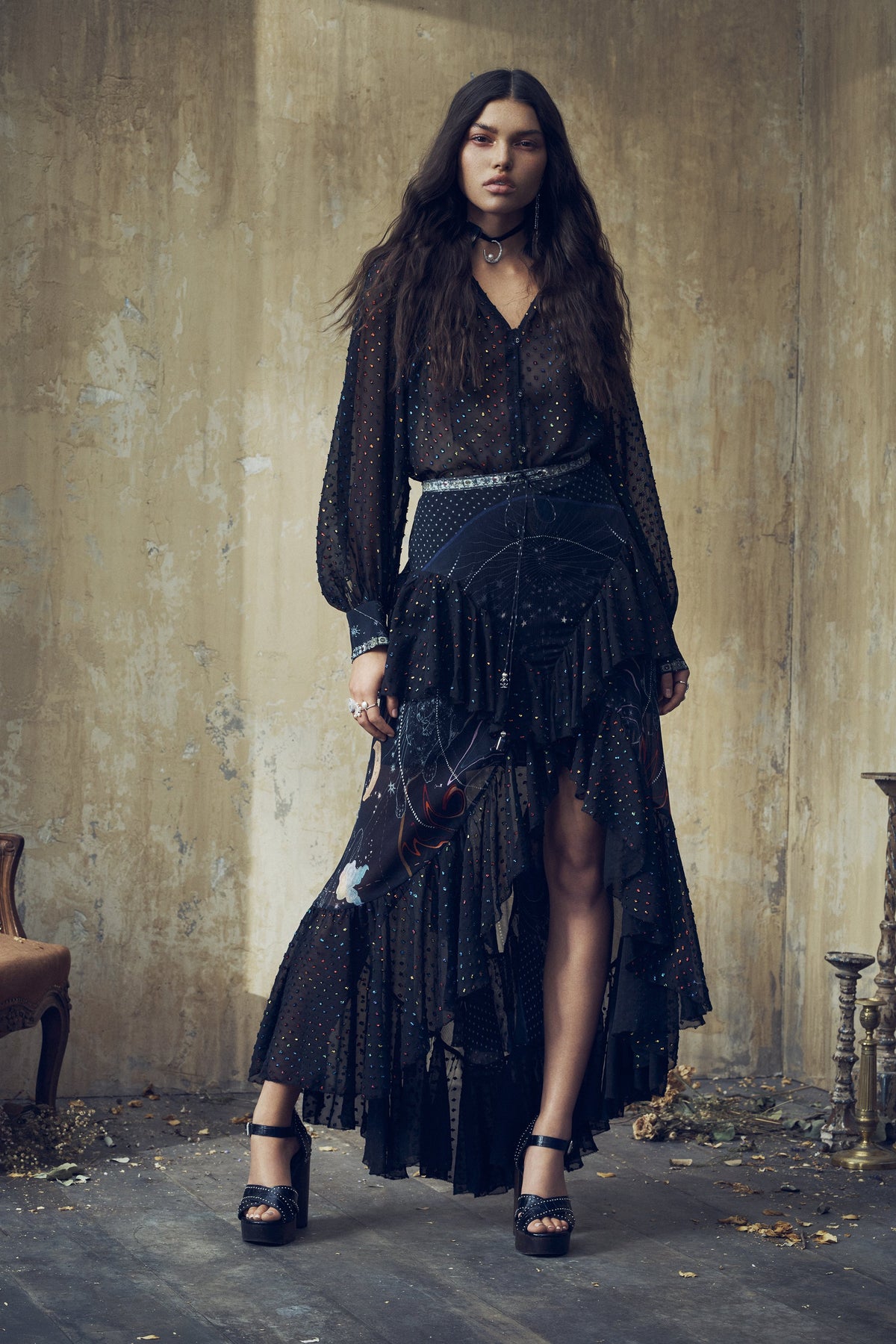 MAXI SKIRT WITH DOUBLE FRILL MIDNIGHT MOON HOUSE