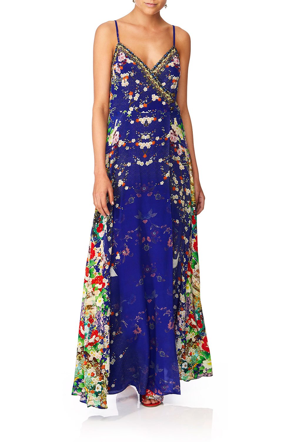 CAMILLA MAIKOS MIDNIGHT CROSS OVERLAY HALTER DRESS