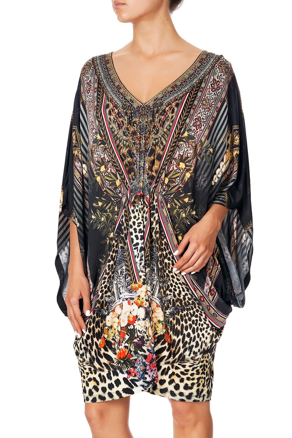 CAMILLA BAT SLEEVE DRESS WITH GATHERED WAIST MARAIS AT MIDNIGHT