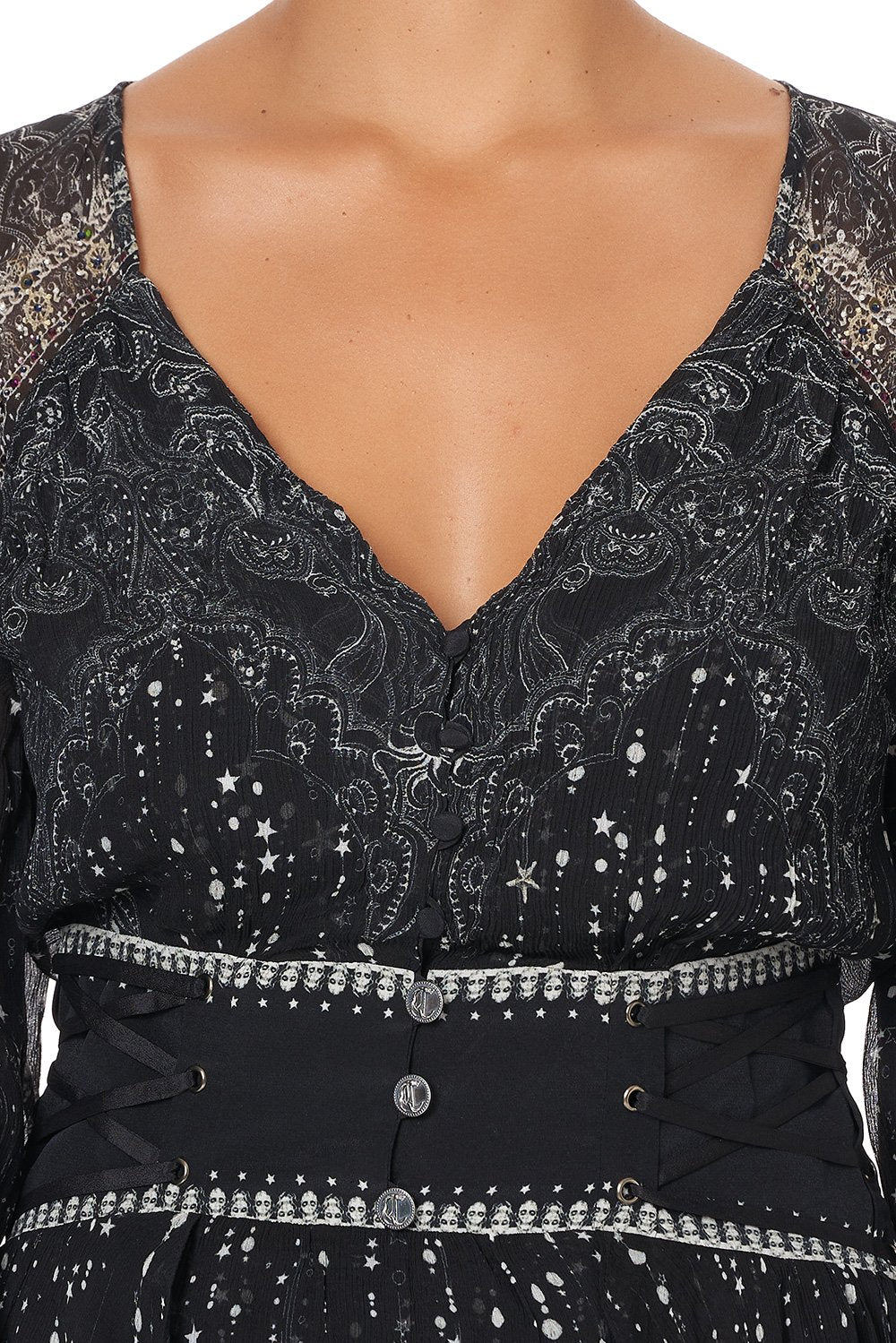 BUTTON THROUGH DRESS WITH BAND MIDNIGHT PEARL