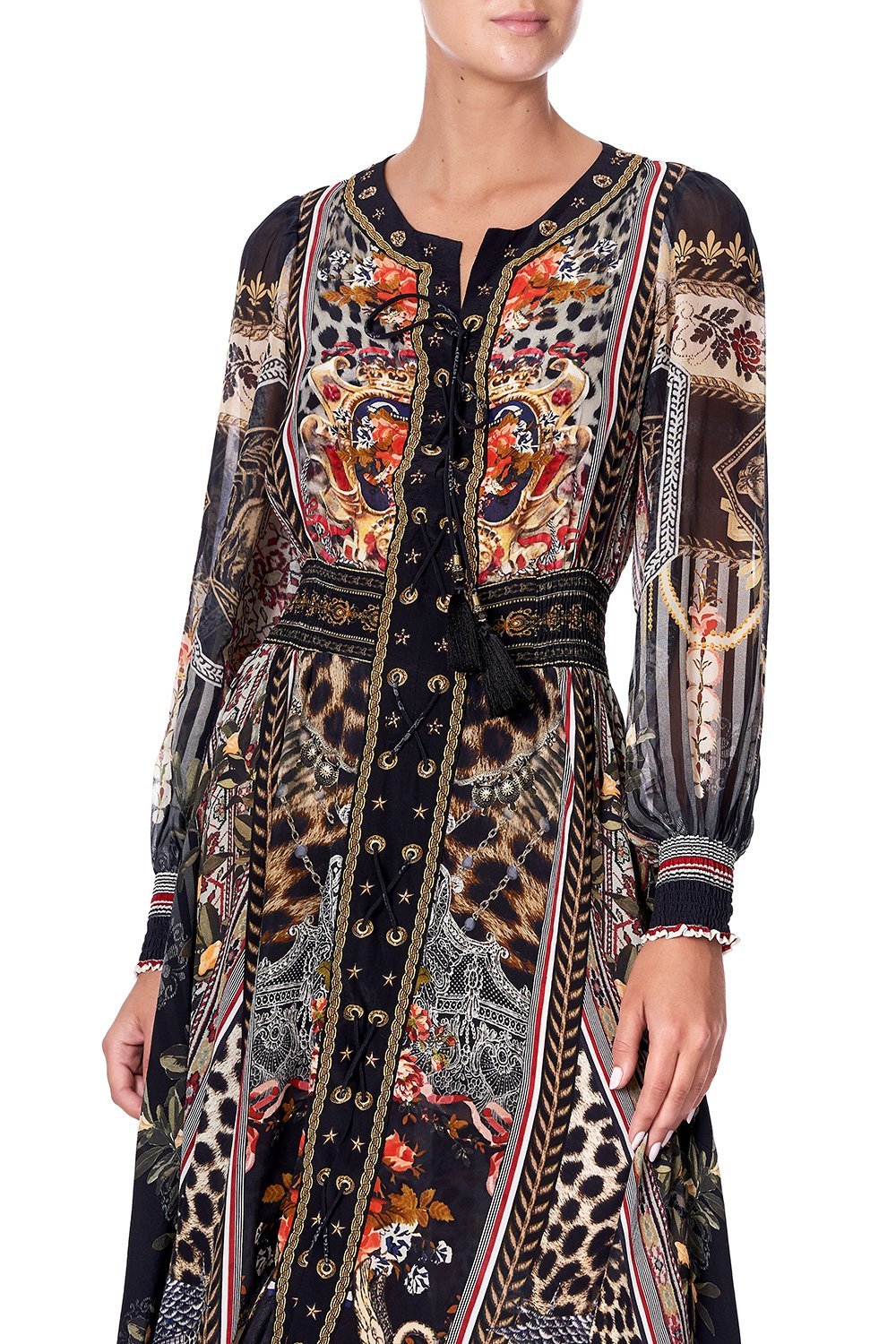 LACE UP DRESS WITH BLOUSON SLEEVE MARAIS AT MIDNIGHT