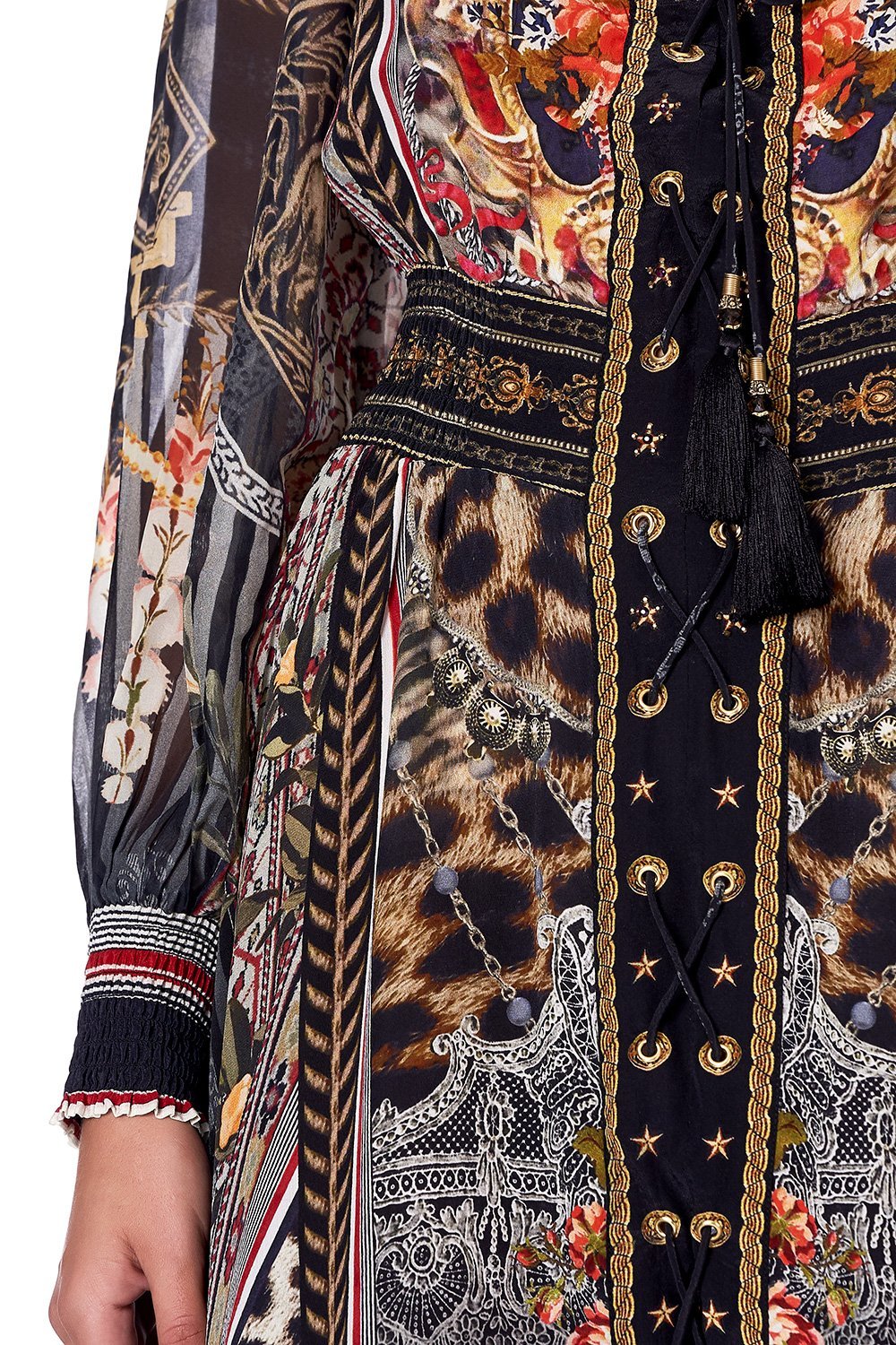 LACE UP DRESS WITH BLOUSON SLEEVE MARAIS AT MIDNIGHT