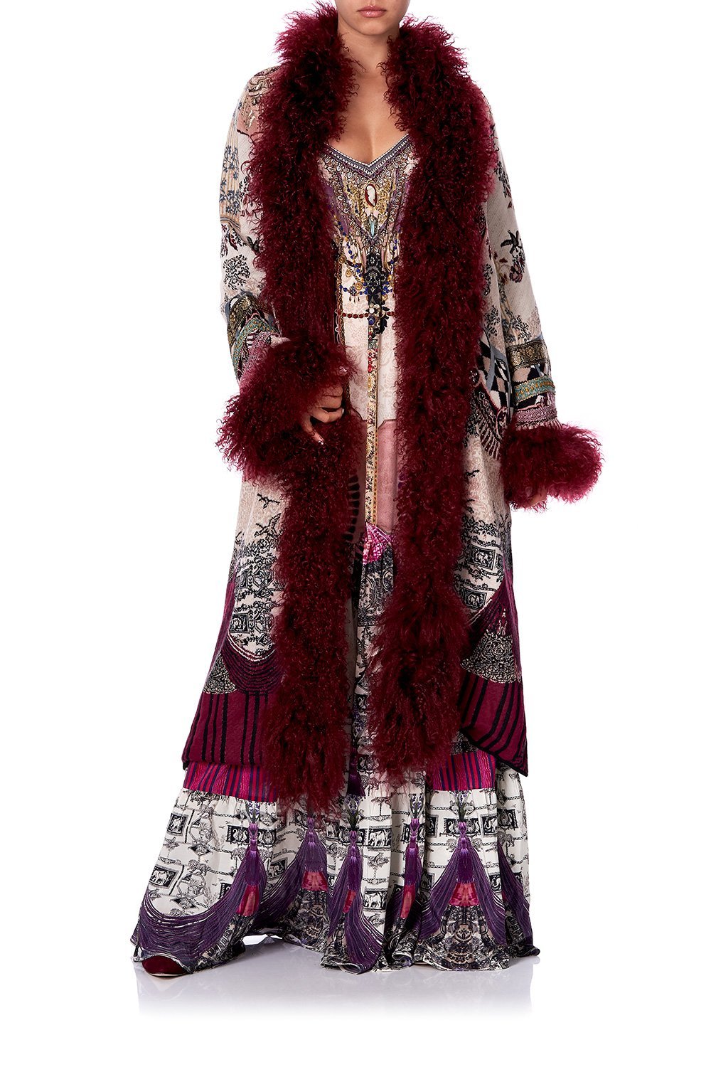 LONG KNIT JACQUARD COAT WITH FUR VIOLET CITY