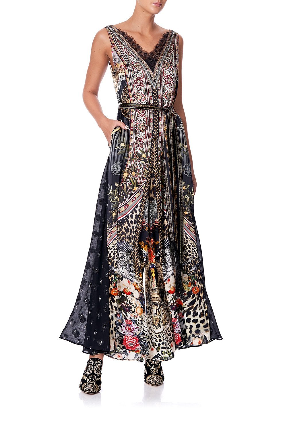 LACE TRIM JUMPSUIT WITH GODET MARAIS AT MIDNIGHT