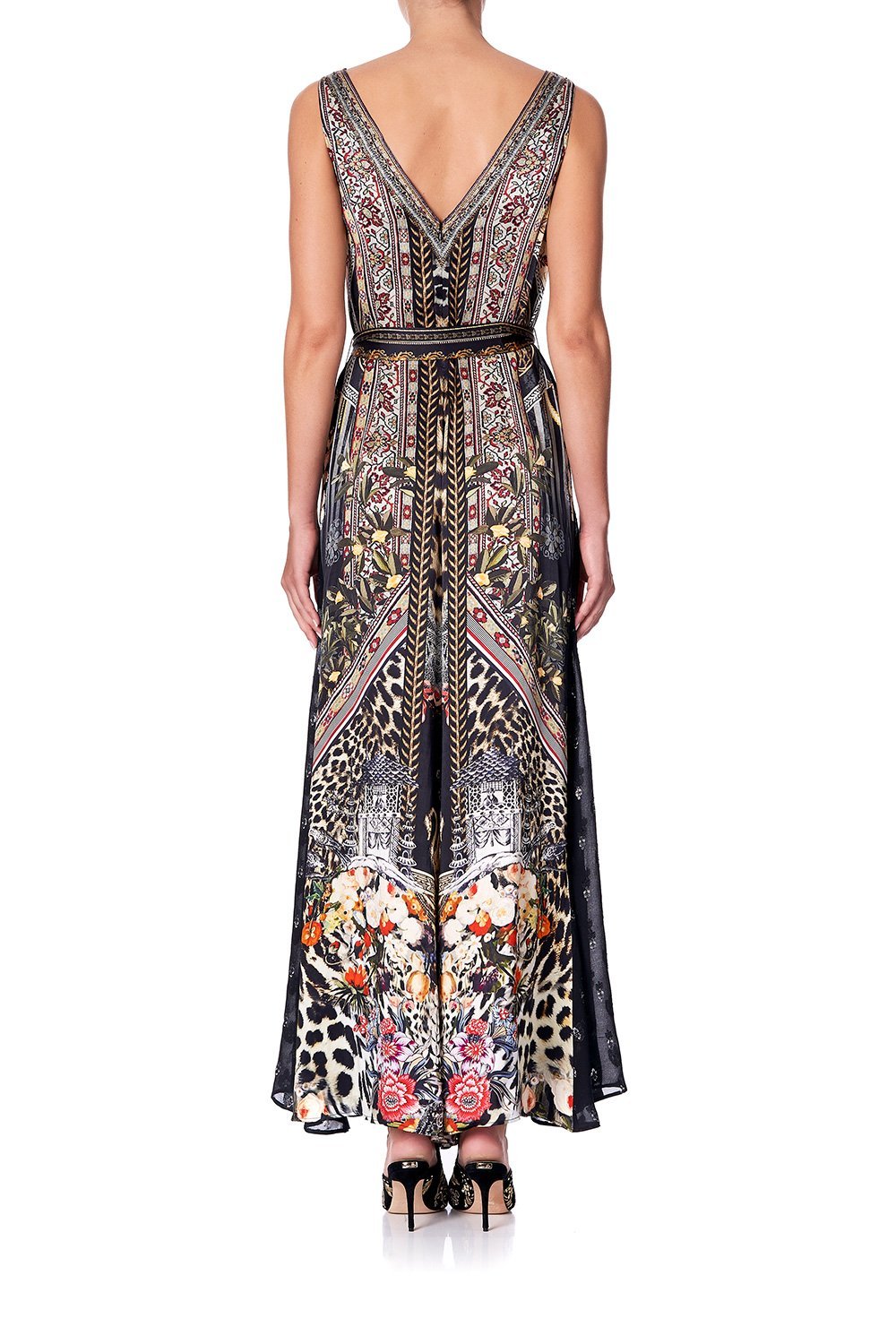 LACE TRIM JUMPSUIT WITH GODET MARAIS AT MIDNIGHT