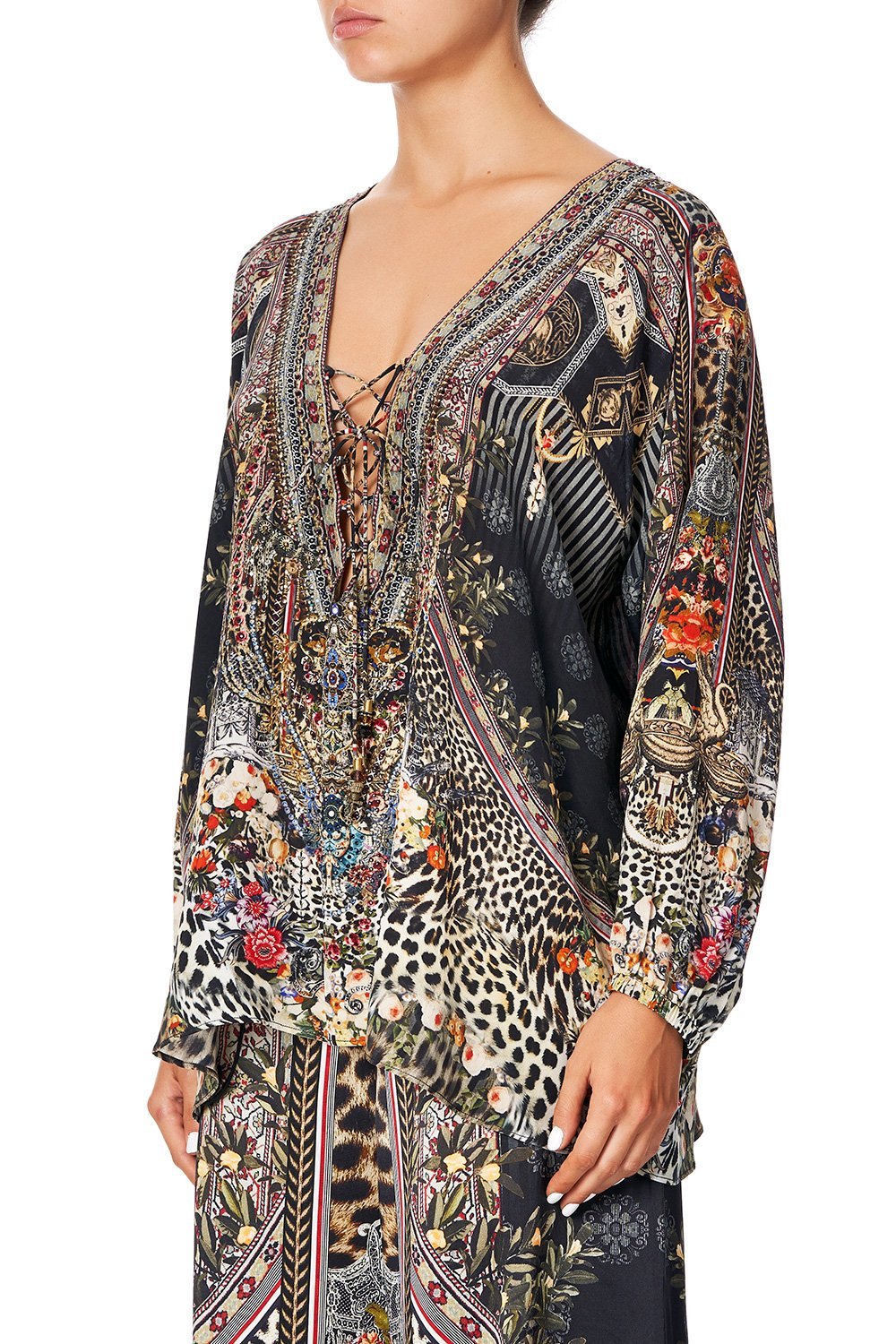 CAMILLA LACE UP BLOUSE MARAIS AT MIDNIGHT