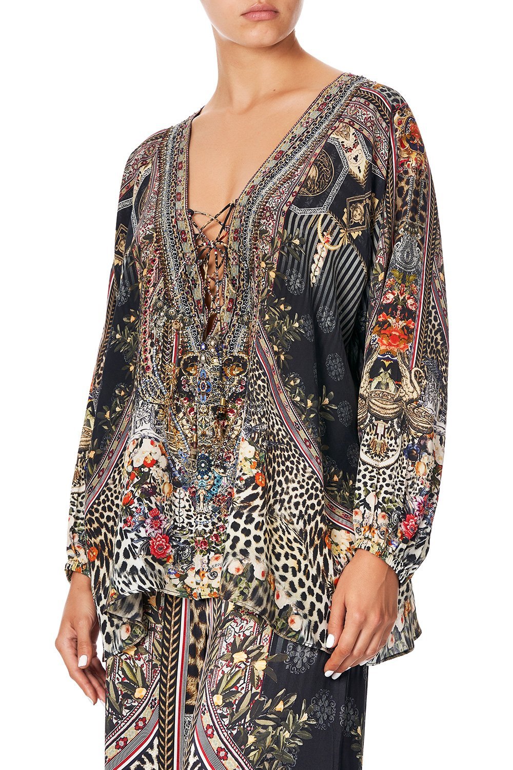 CAMILLA LACE UP BLOUSE MARAIS AT MIDNIGHT