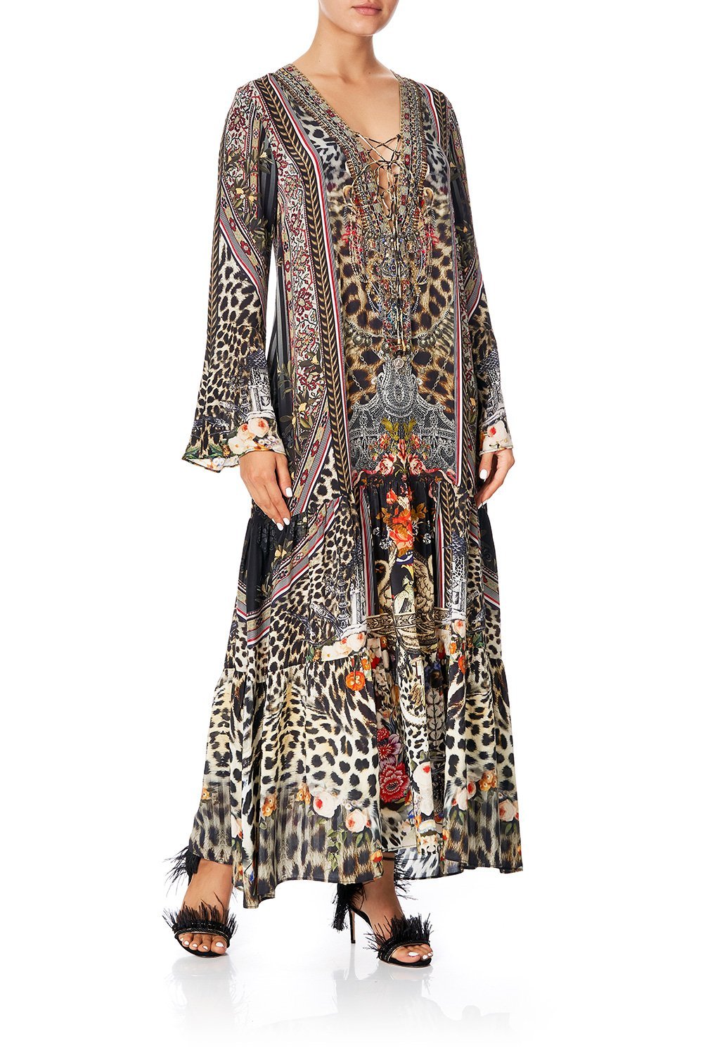 CAMILLA LACE UP DRESS WITH TIERED HEM MARAIS AT MIDNIGHT