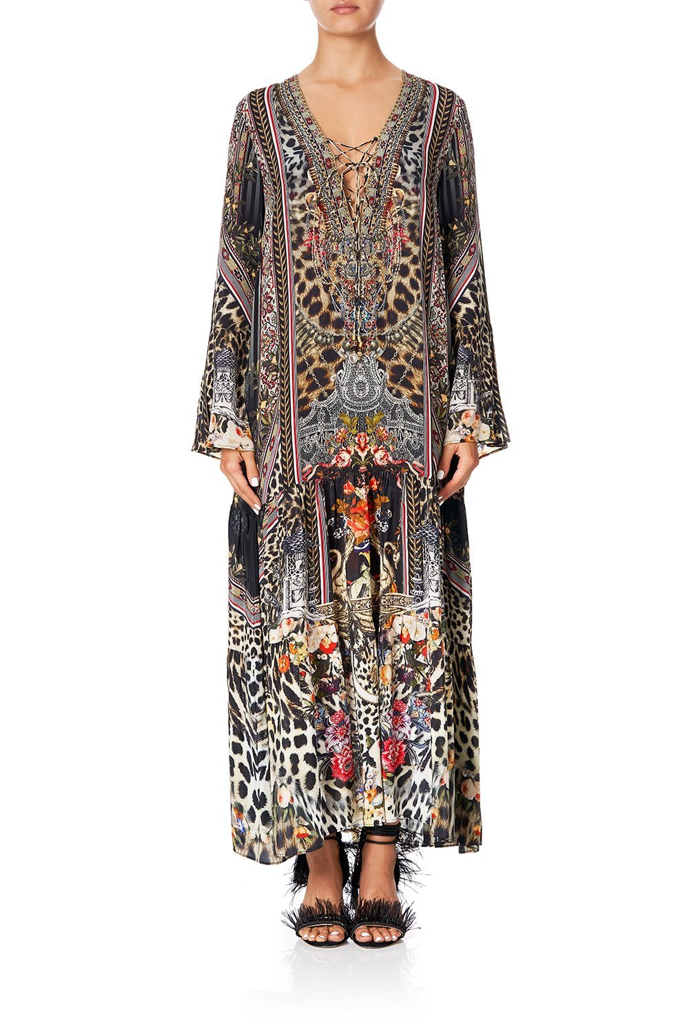 CAMILLA LACE UP DRESS WITH TIERED HEM MARAIS AT MIDNIGHT