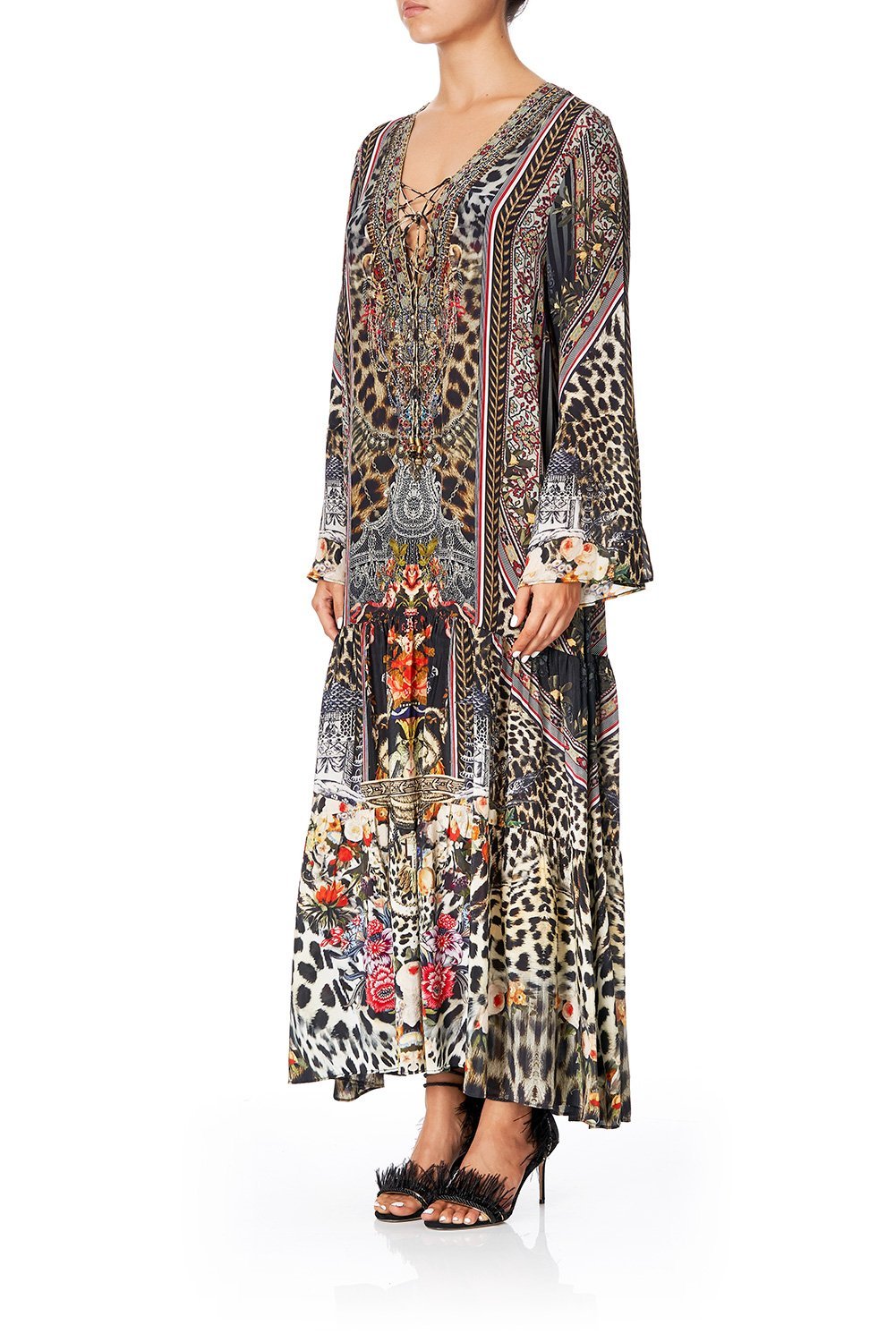 CAMILLA LACE UP DRESS WITH TIERED HEM MARAIS AT MIDNIGHT