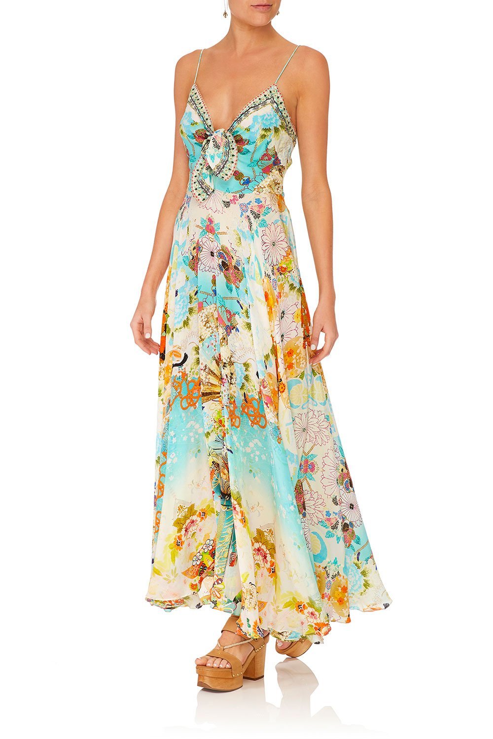 CAMILLA RETROS RAINBOW LONG DRESS W TIE FRONT