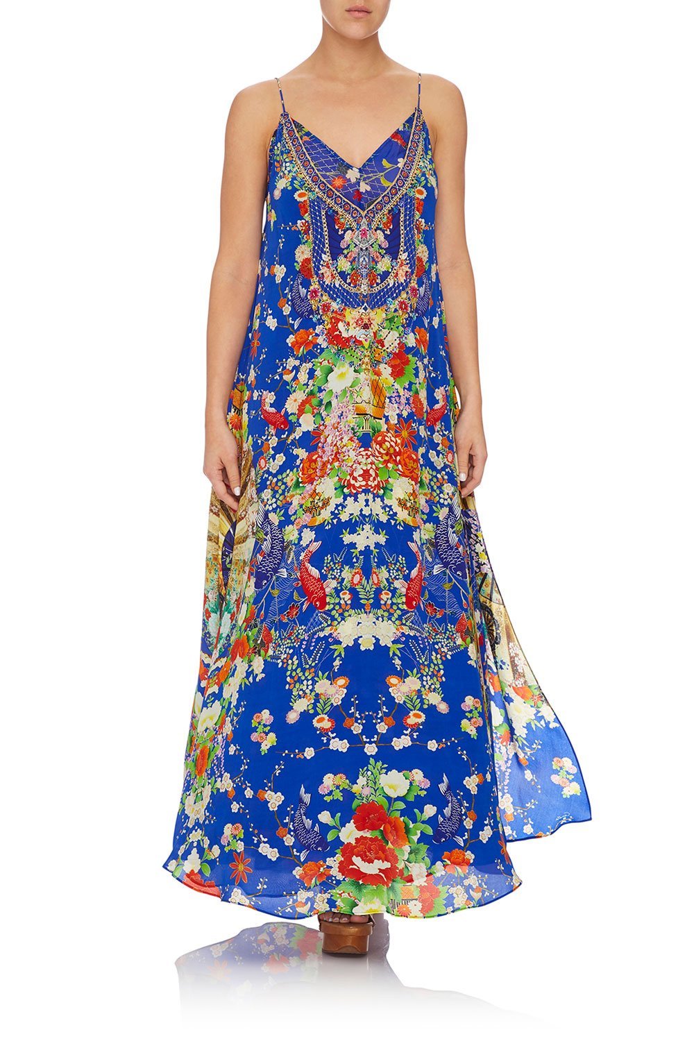 CAMILLA LONG DRESS W/ SHEER UNDERLAY PLAYING KOI