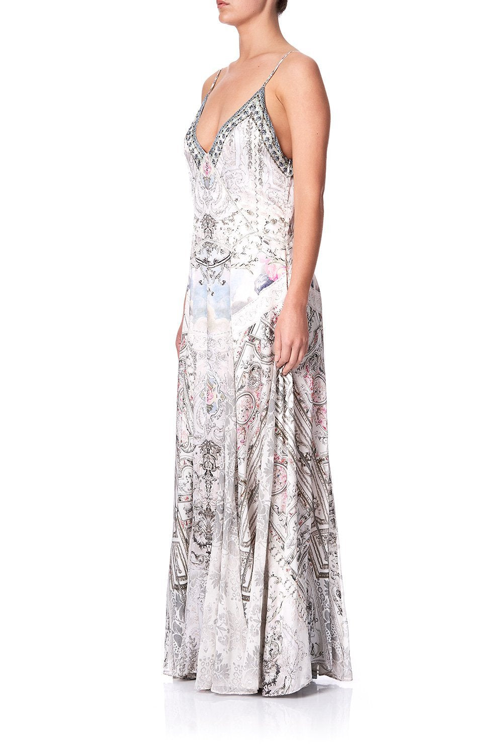 LONG SLIP DRESS WITH GODETS CRYSTAL CASTLE