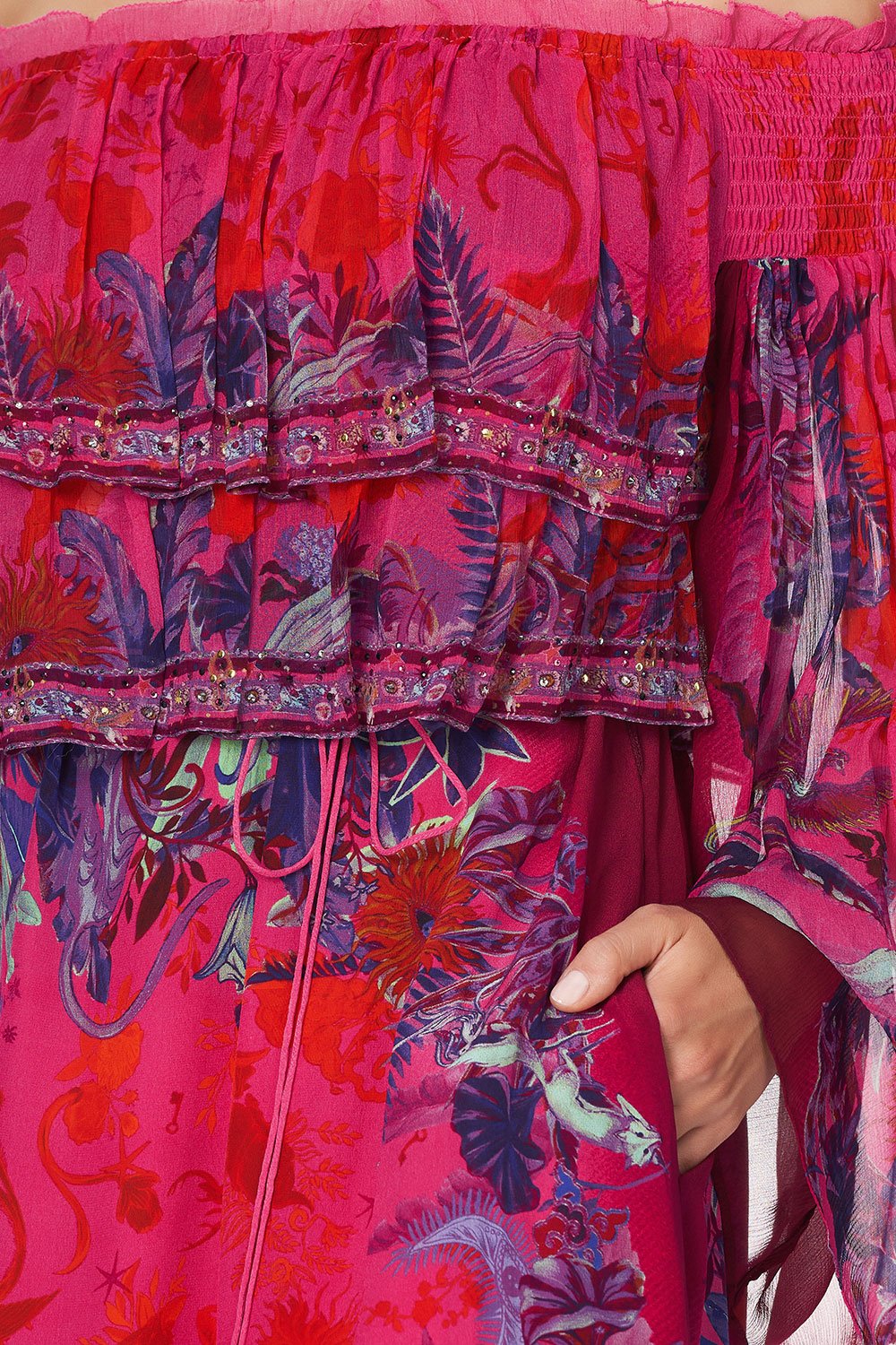 LONG TIERED RUFFLE DRESS TROPIC OF NEON