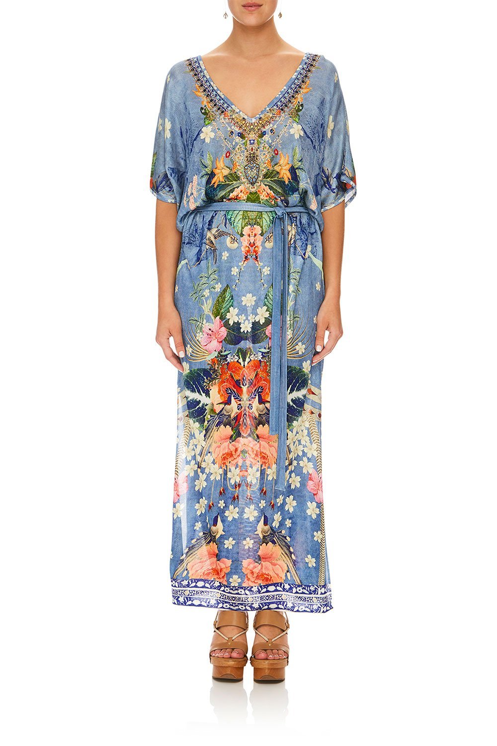 CAMILLA FARAWAY FLORALS LONG V NECK DRESS W/ TIE