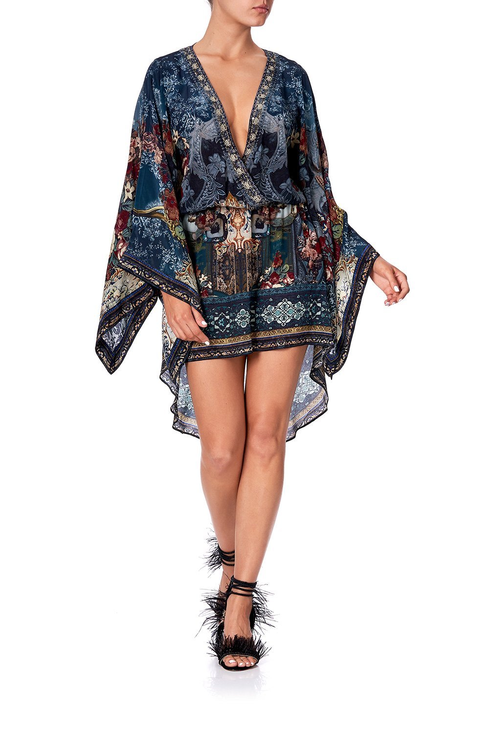 V-NECK KIMONO DRESS WITH TIE HOTEL BOHEME