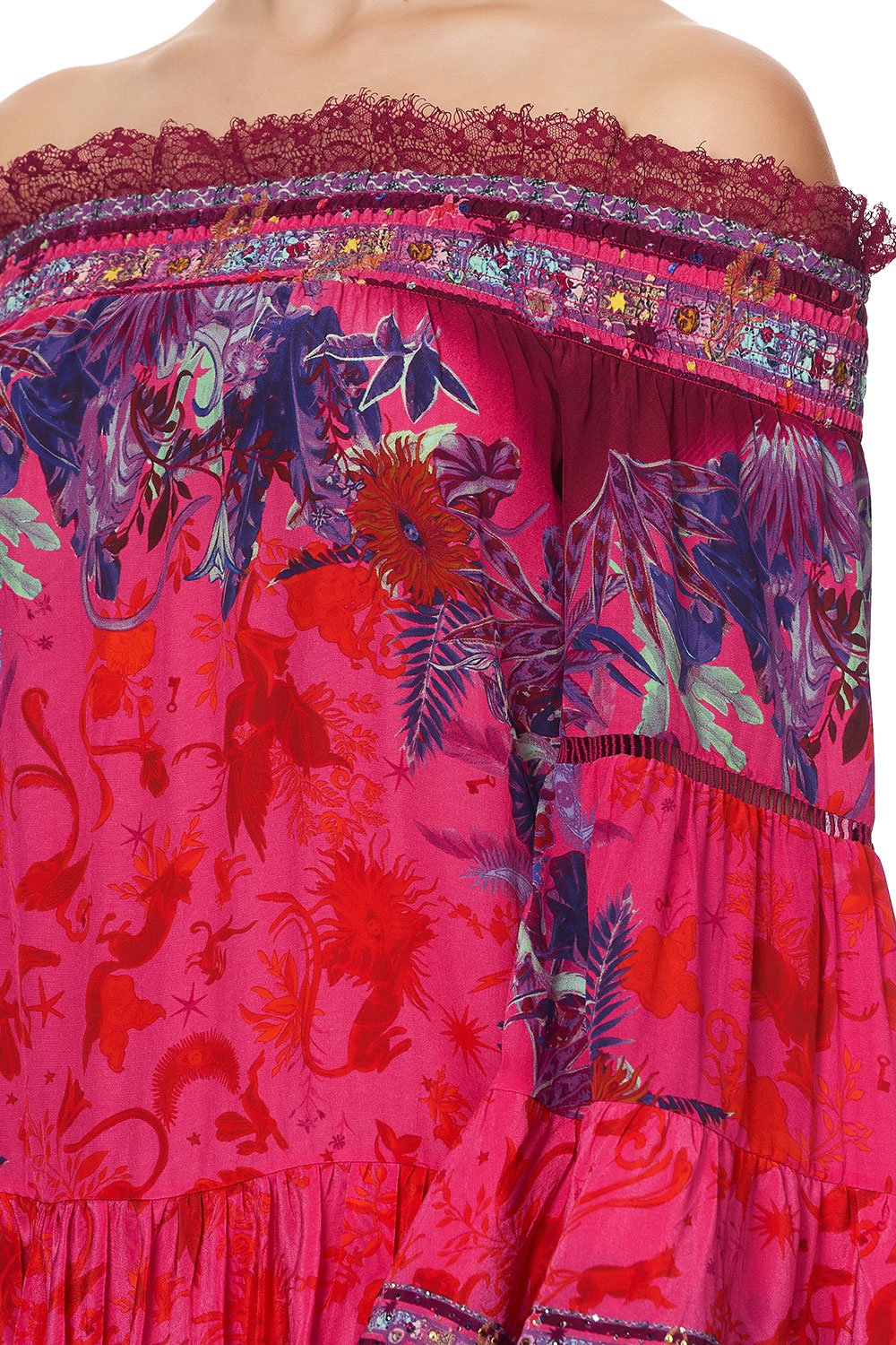 OFF SHOULDER DRESS WITH SMOCKING TROPIC OF NEON