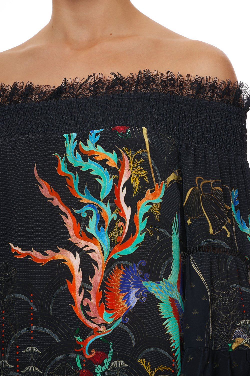 OFF SHOULDER DRESS WITH SMOCKING WISE WINGS